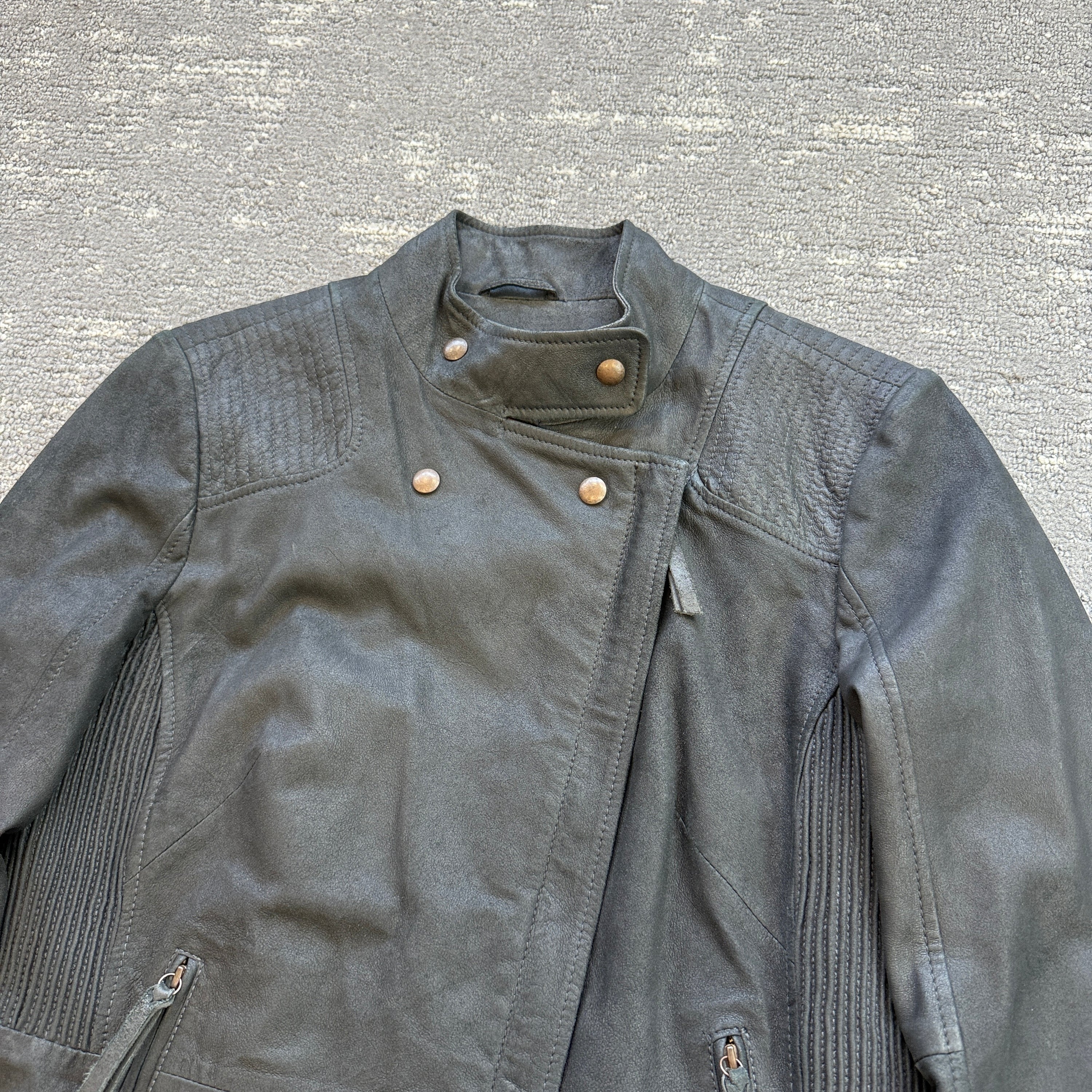 Hugo boss 2000's technical asymmetrical zip fitted goat leather biker jacket (S)