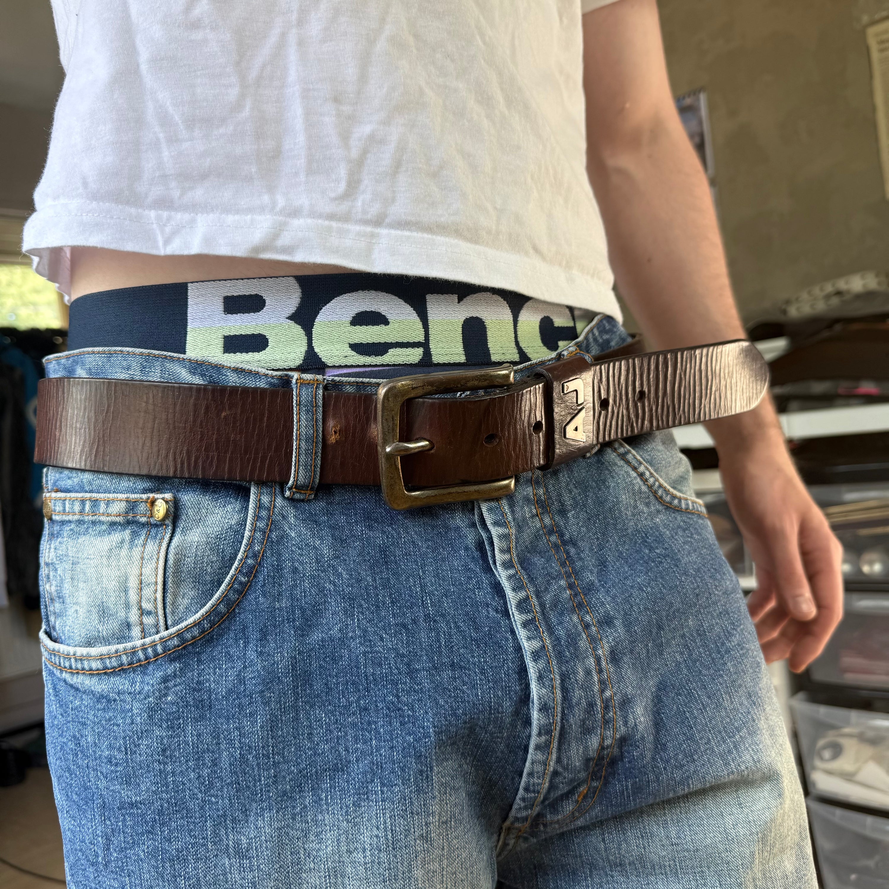 Armani jeans 2000's big buckle dark brown leathe belt (OS)