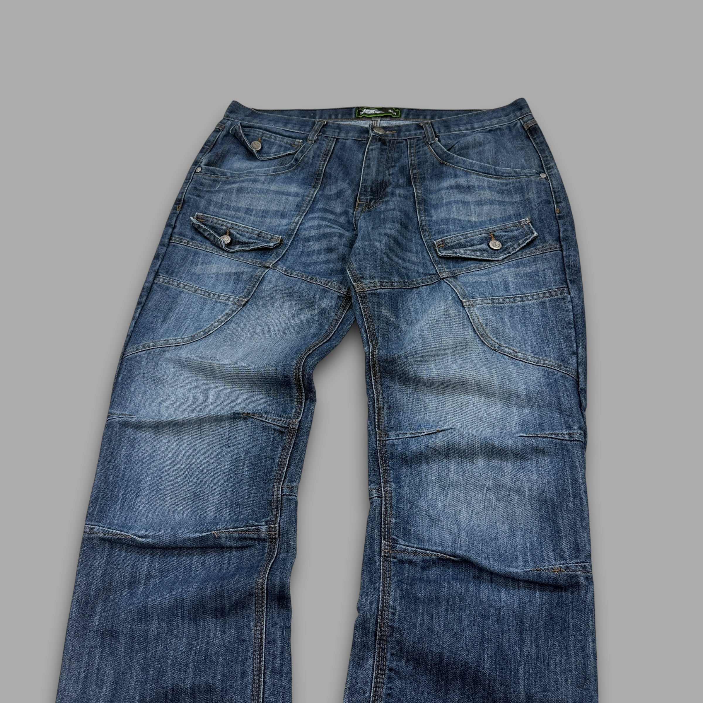 No fear 2000's contrast stitch denim bootcut cargo jeans (L)
