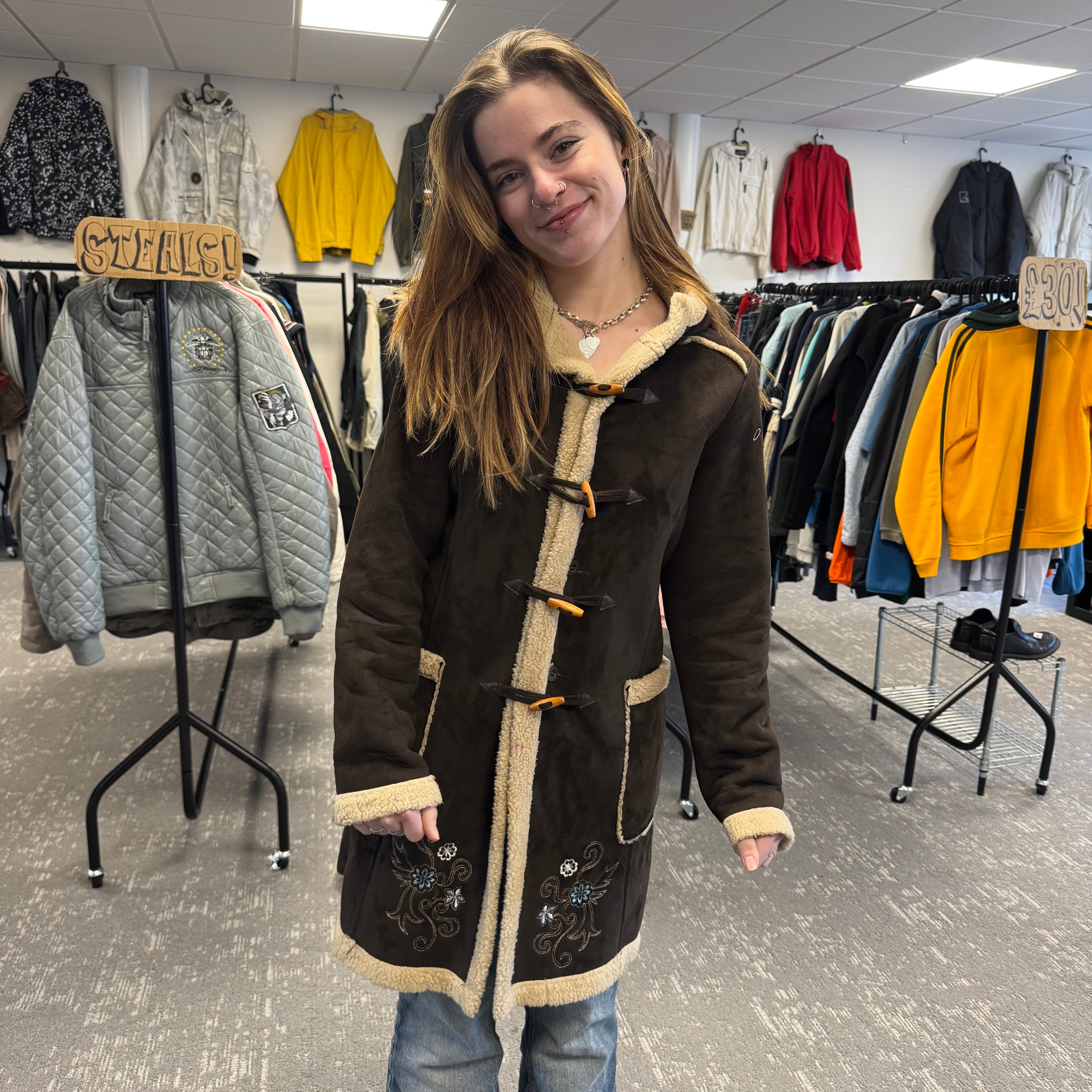 O'Neill 2000's suede, fleece-lined, hooded duffle coat with embroidery near the pockets (S) wms