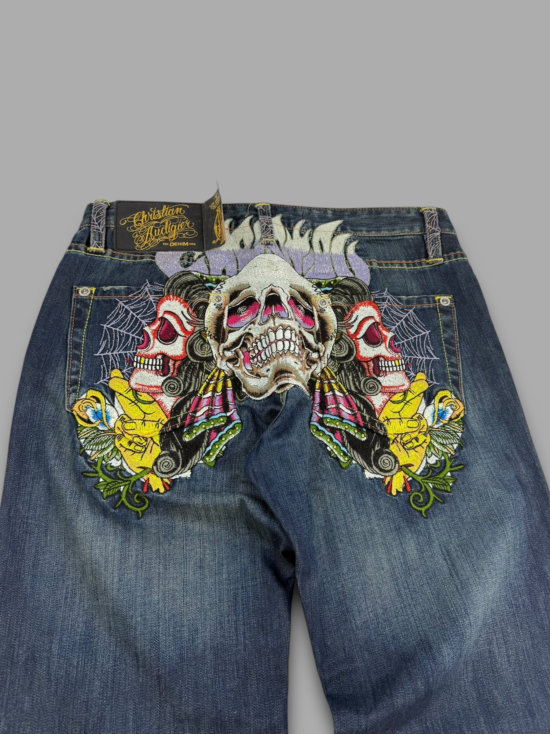 Christian Audegier 2000's graphic embroidered denim straight leg jeans (L)