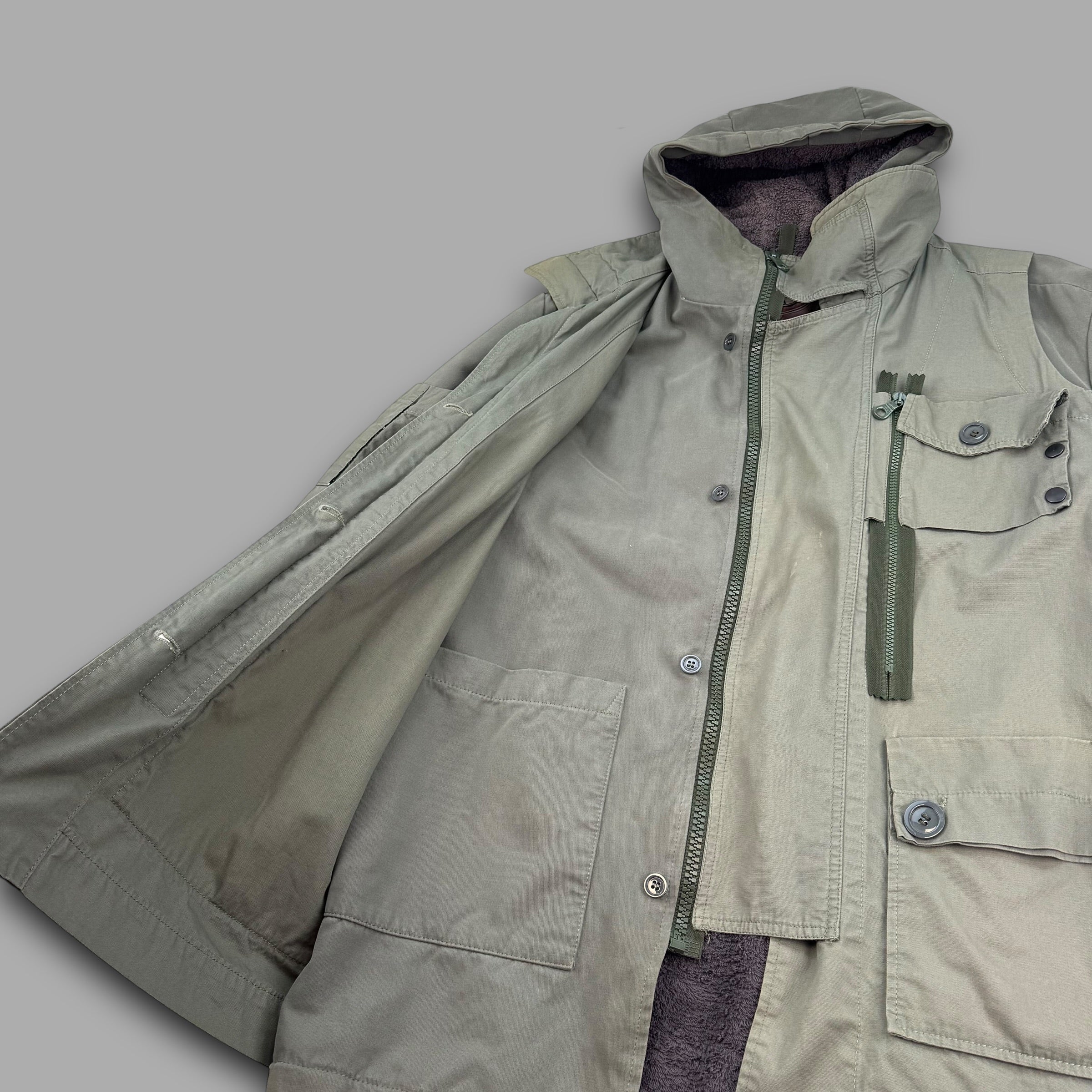 Diesel style lab 2000's technical multi-pocket heavyweight fur lined parka jacket (L)
