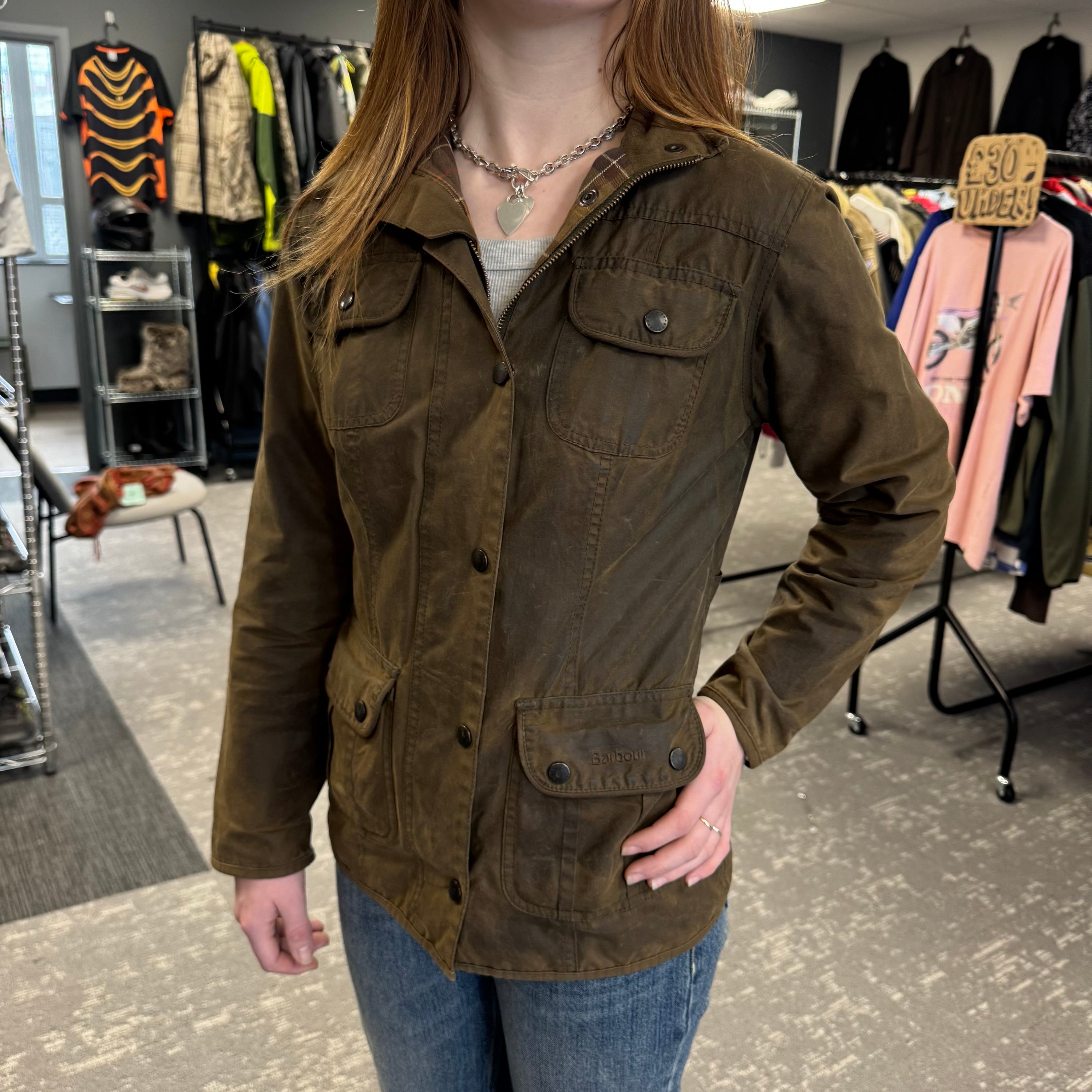 Barbour 2000's waxed zip up multi pocket utility jacket (S) wms