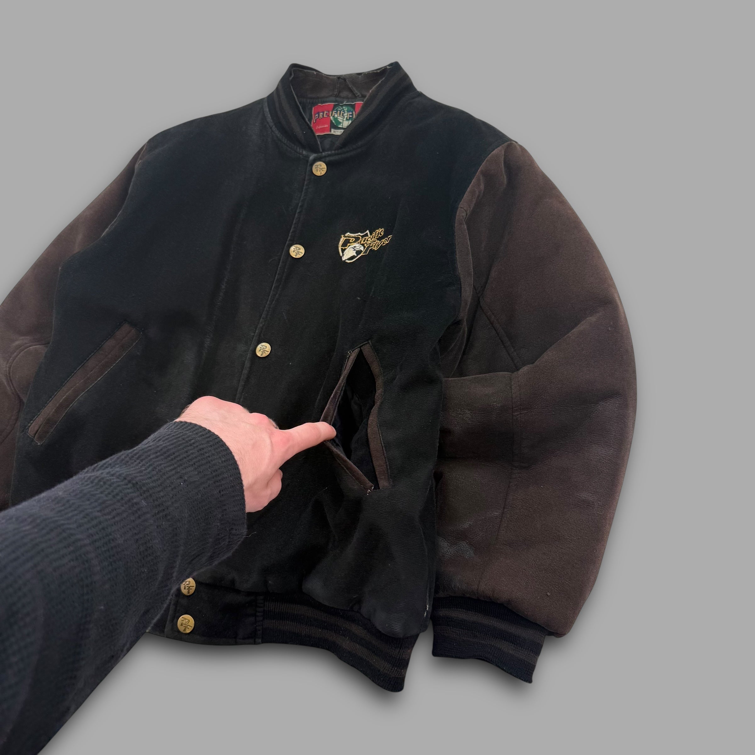 Pacific flyer 2000's embrodiered hybrid suede bomber jacket (M)