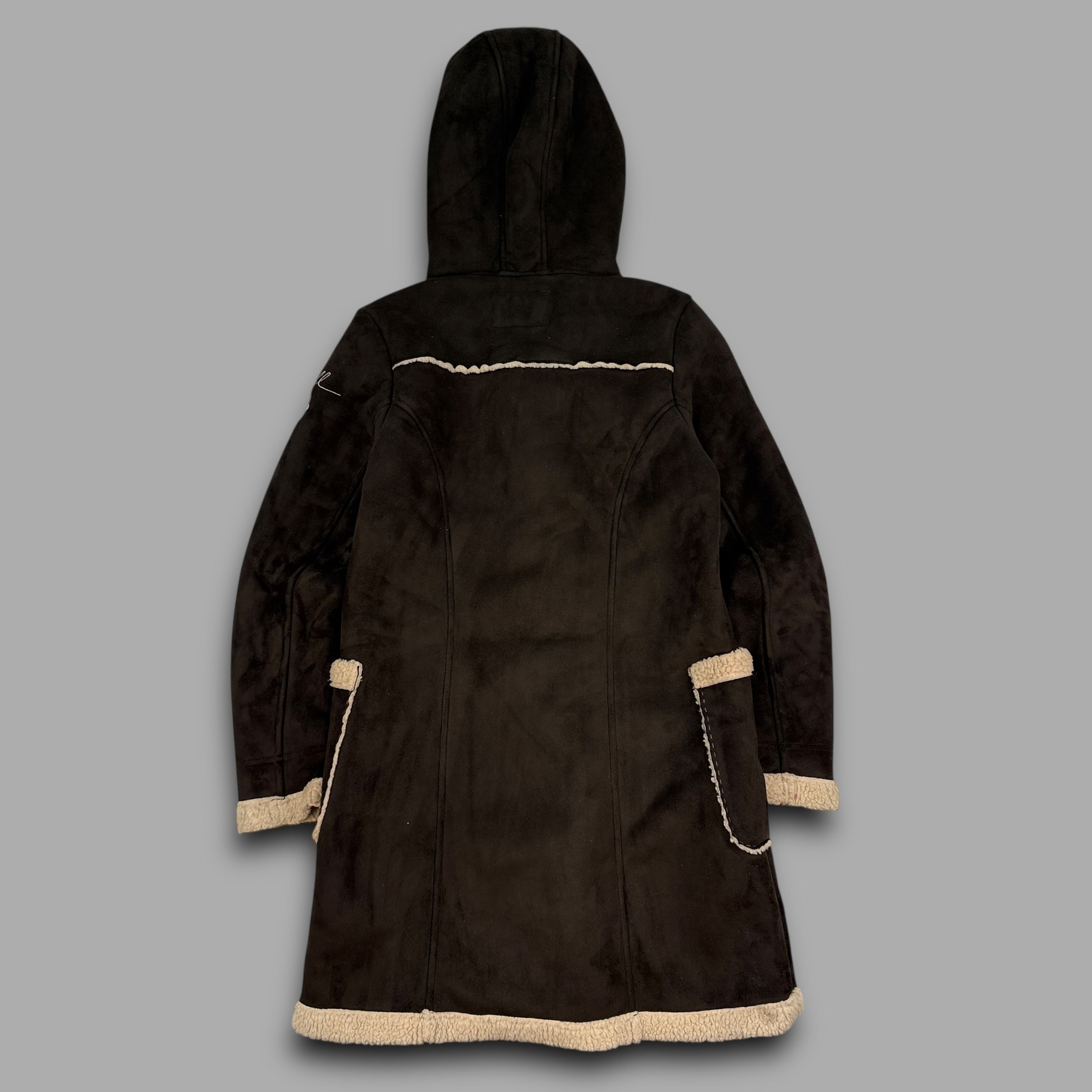 O'Neill 2000's suede, fleece-lined, hooded duffle coat with embroidery near the pockets (S) wms