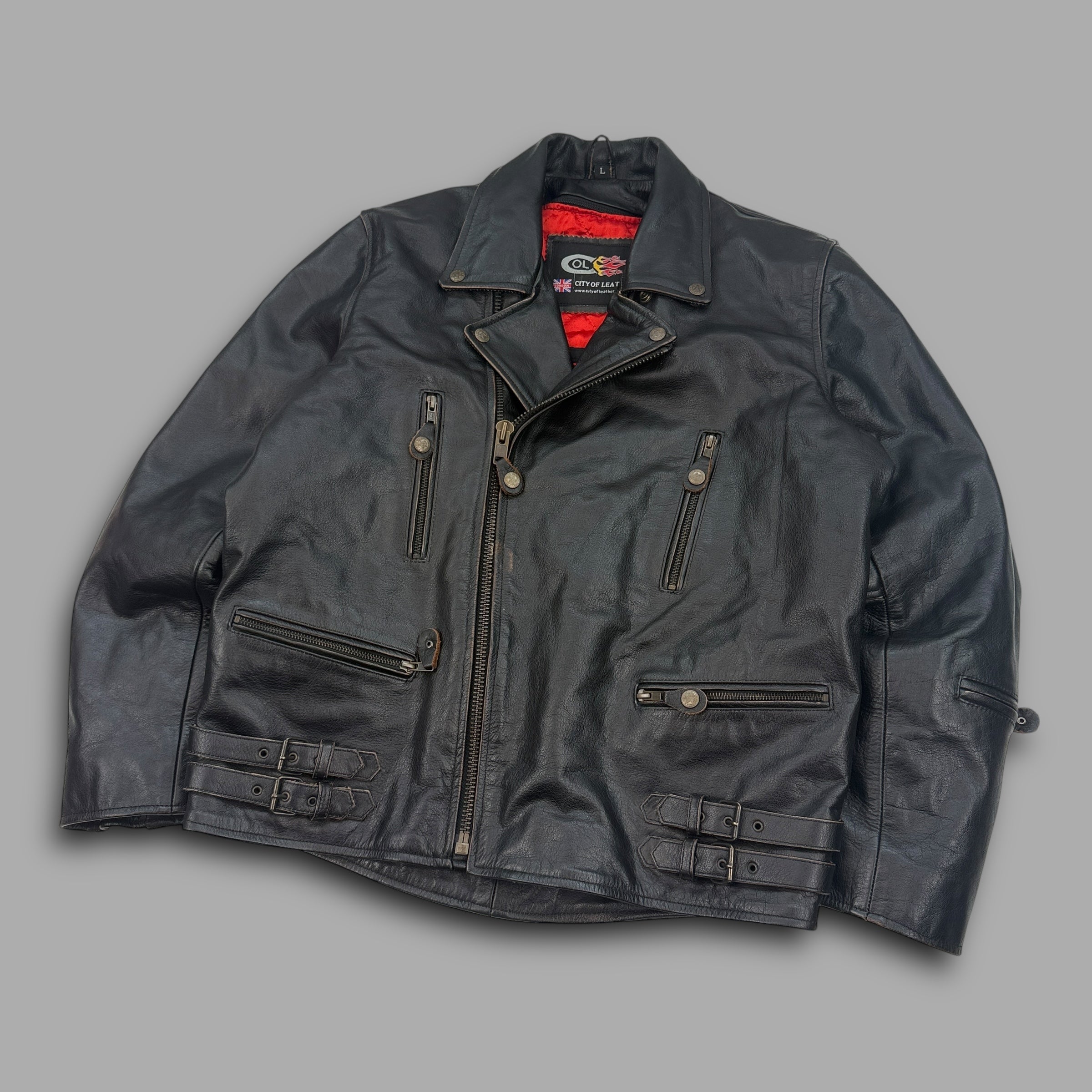 City of leather 'straight to hell' style leather biker jacket (L)