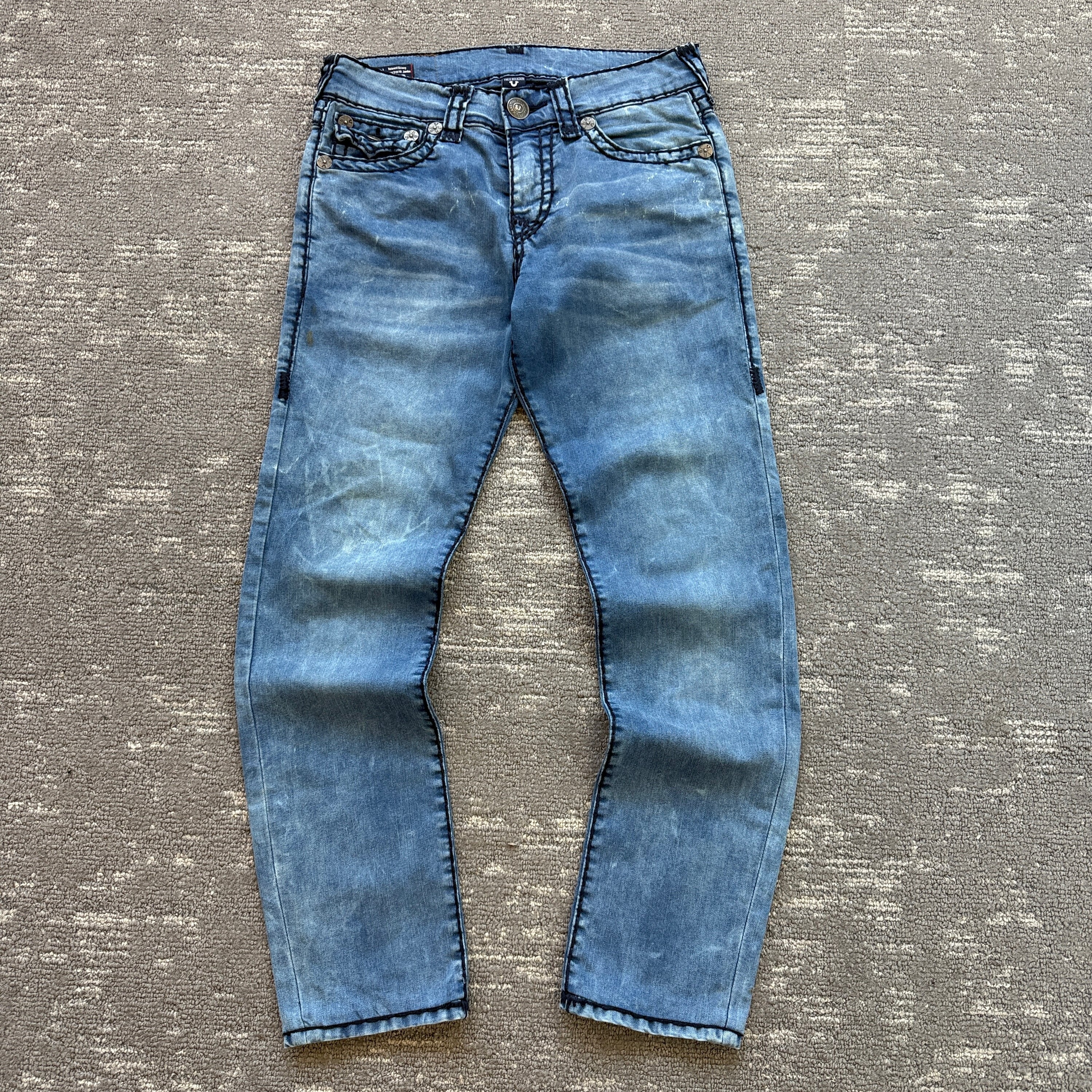 True religion 2000's rocco relaxed skinny contrast stitch washed denim jeans (S)