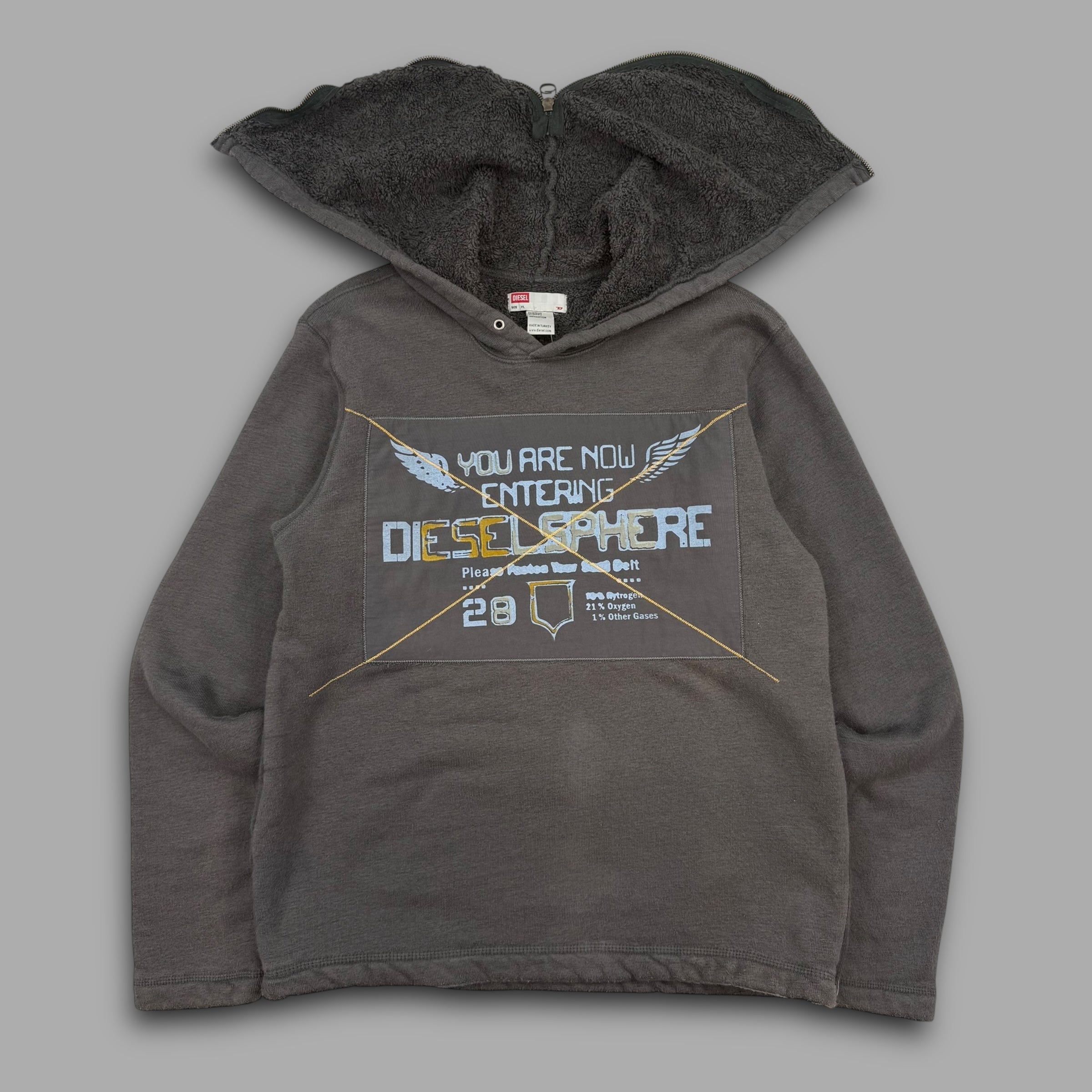 Diesel 2000's sherpa lined split hood pullover hoodie (M-XL)