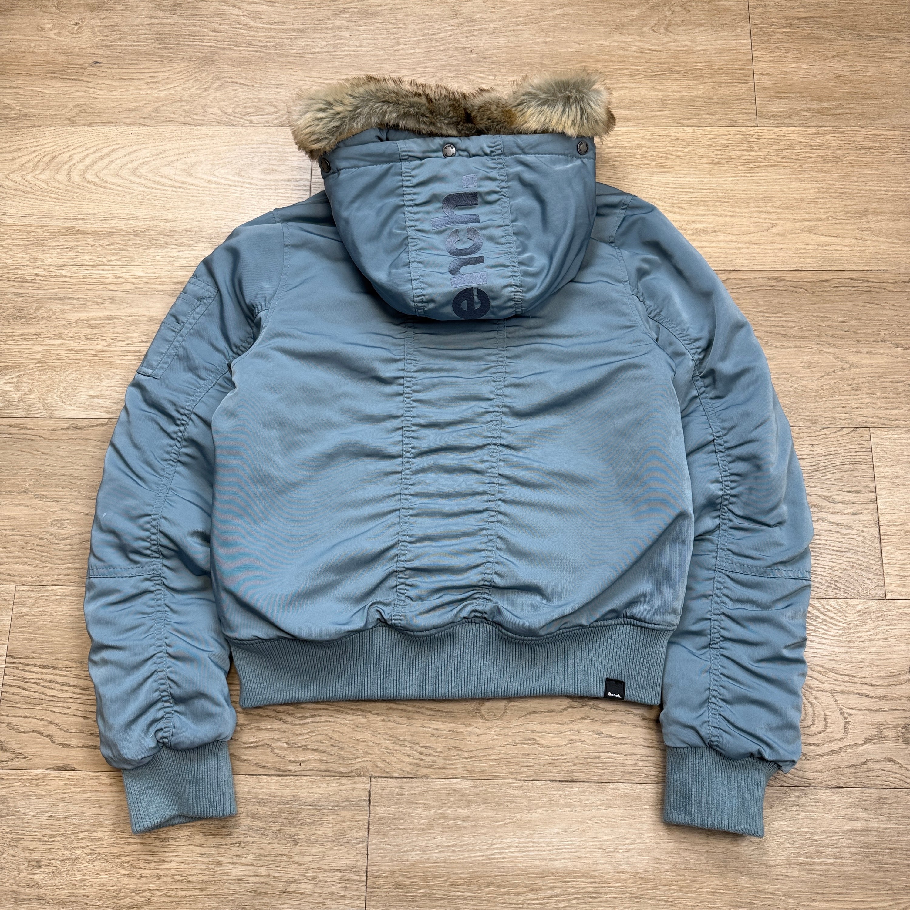 Bench 2000's asymmetrical zip fur hooded bomber jacket (L) wms
