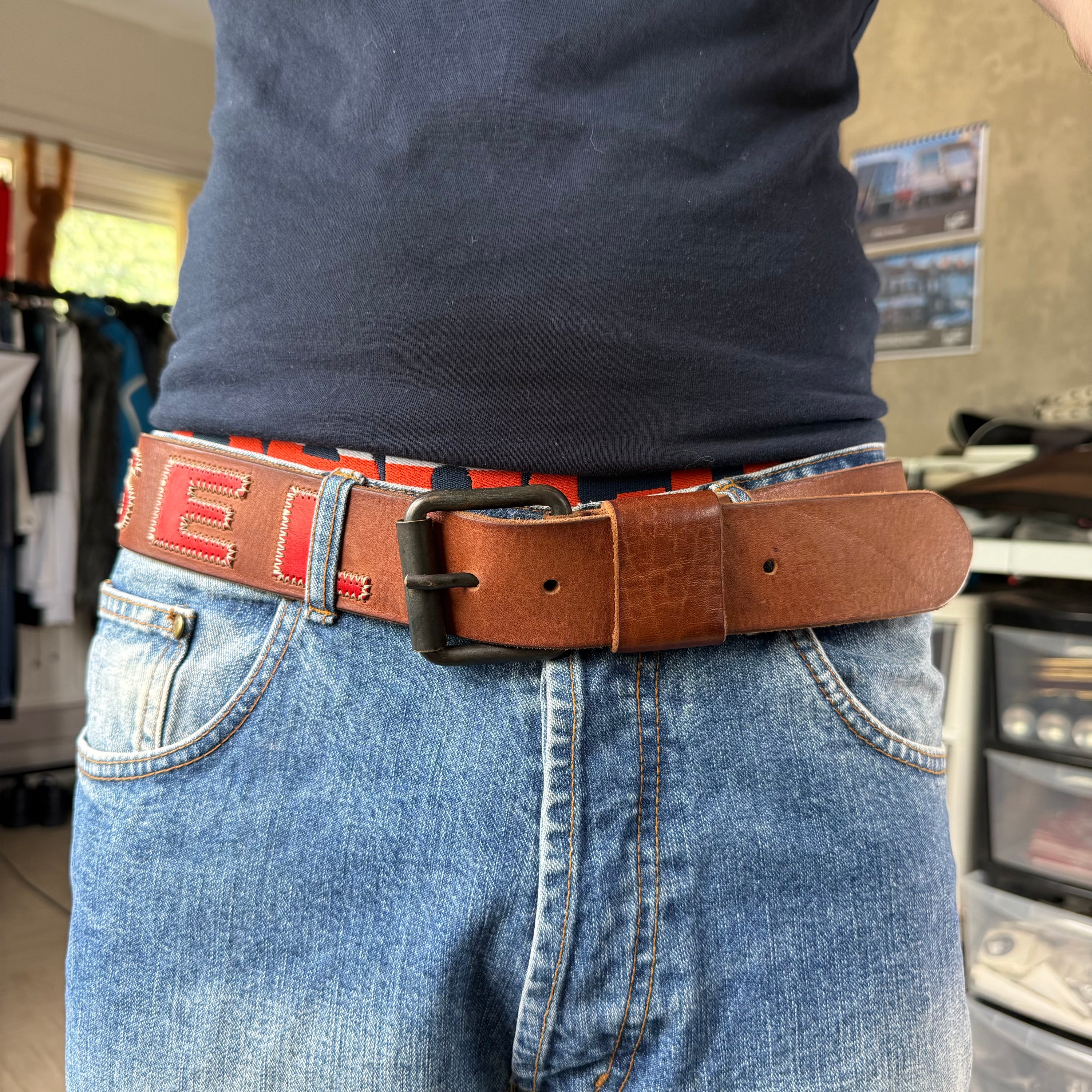 Diesel 2000's brown leather embroidered spellout belt (OS)