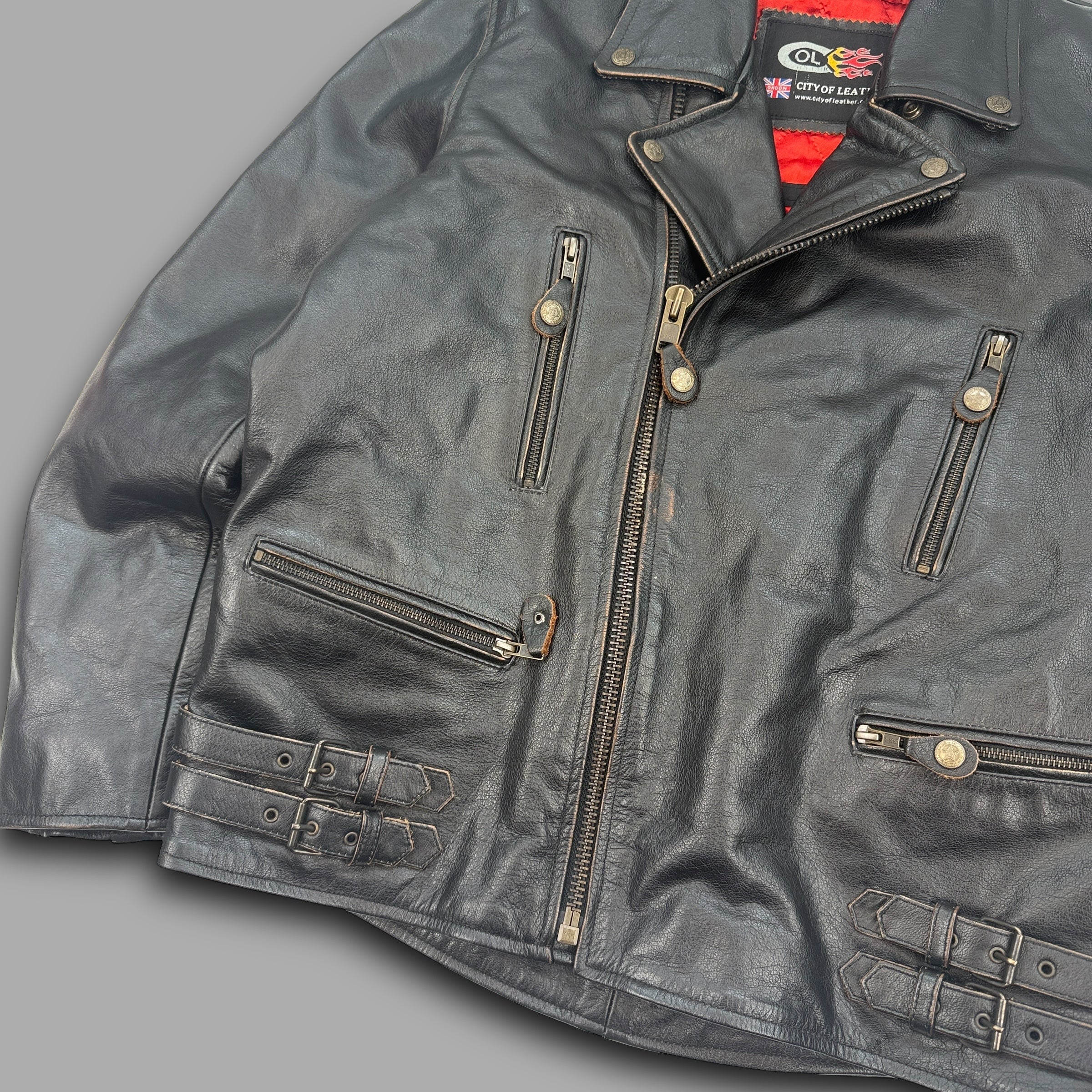 City of leather 'straight to hell' style leather biker jacket (L)