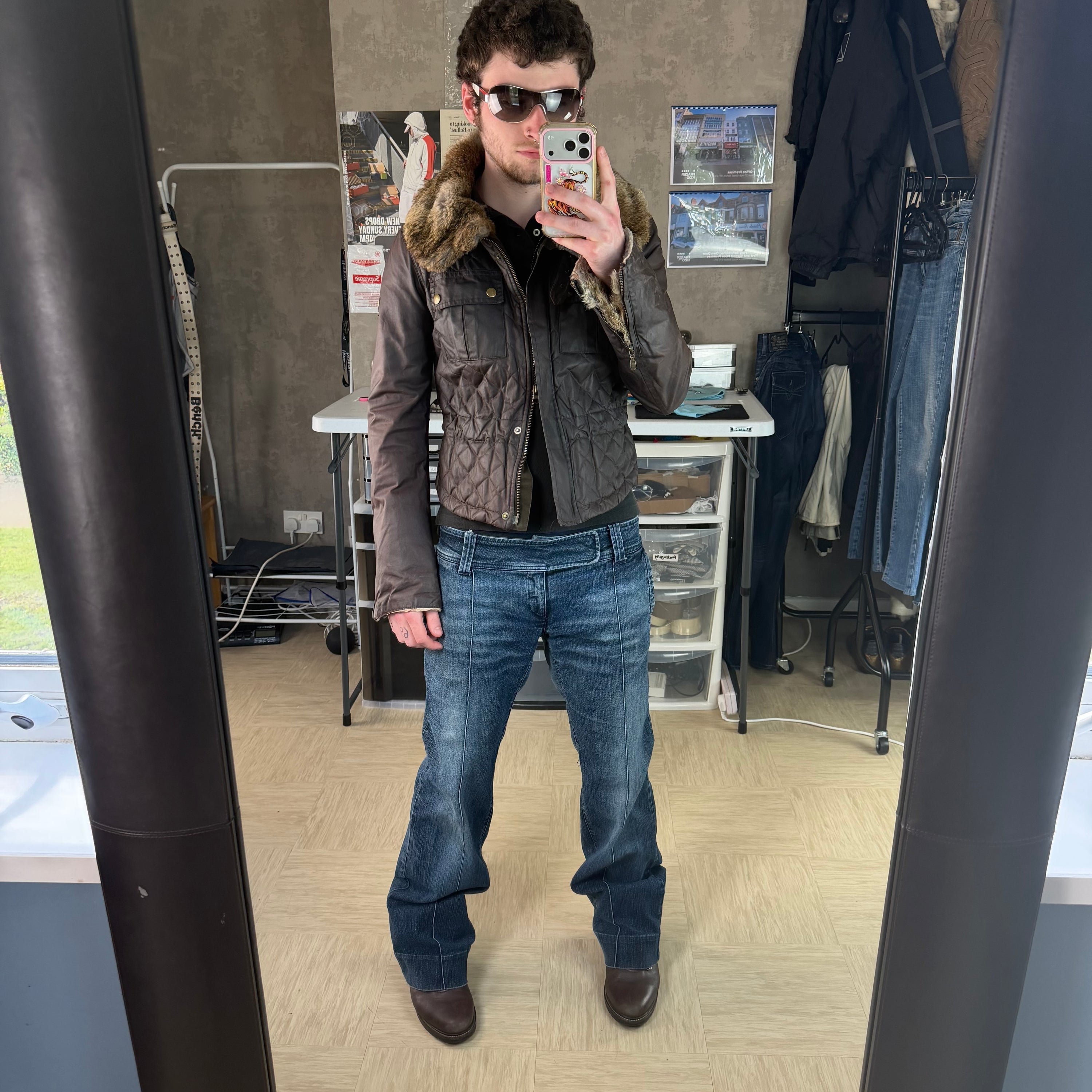 Belstaff 2000's fur collar leather wax jacket (M) wms