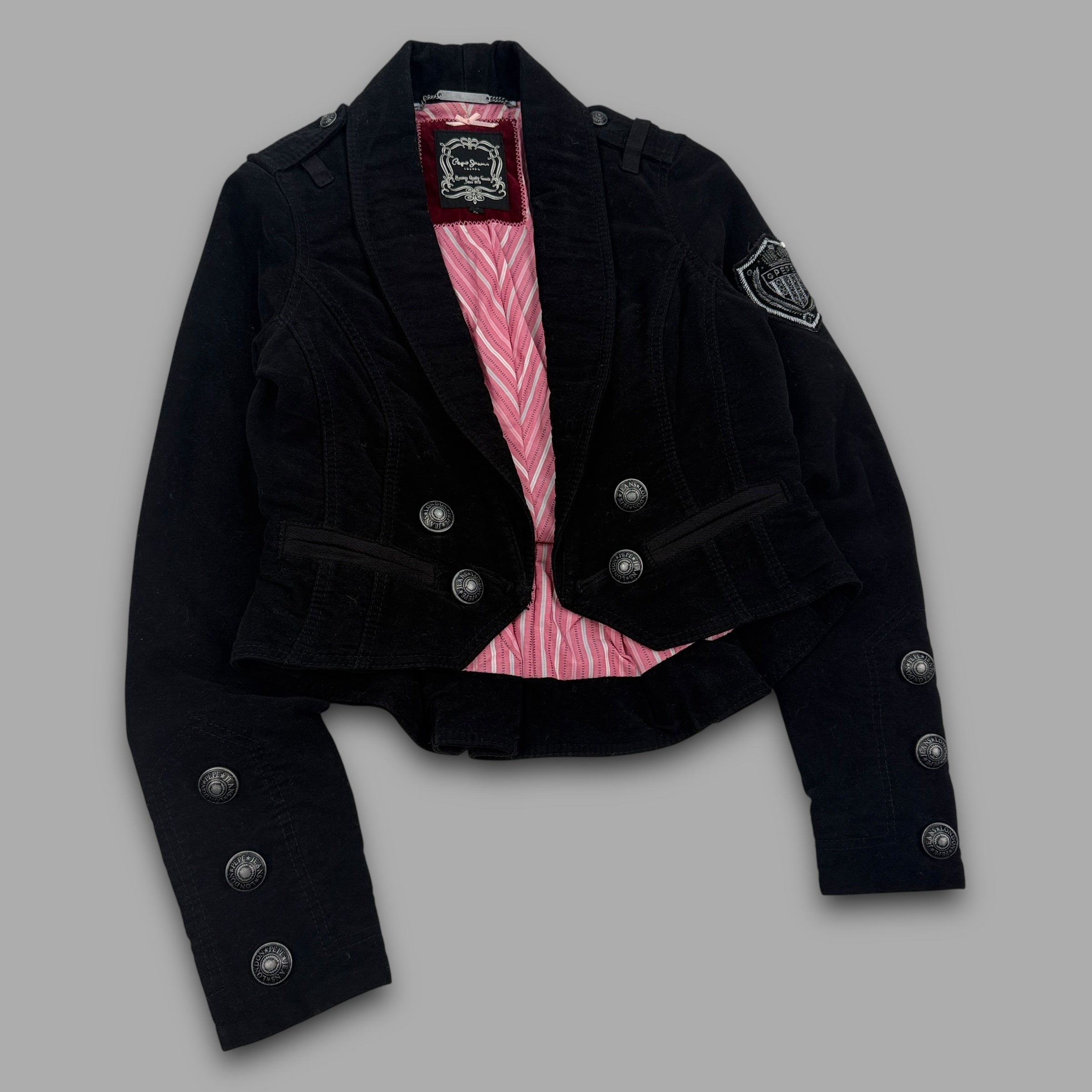 Pepe Jeans 2000's multi-pocketed velvety military jacket with metalic embroidery (XS) wms