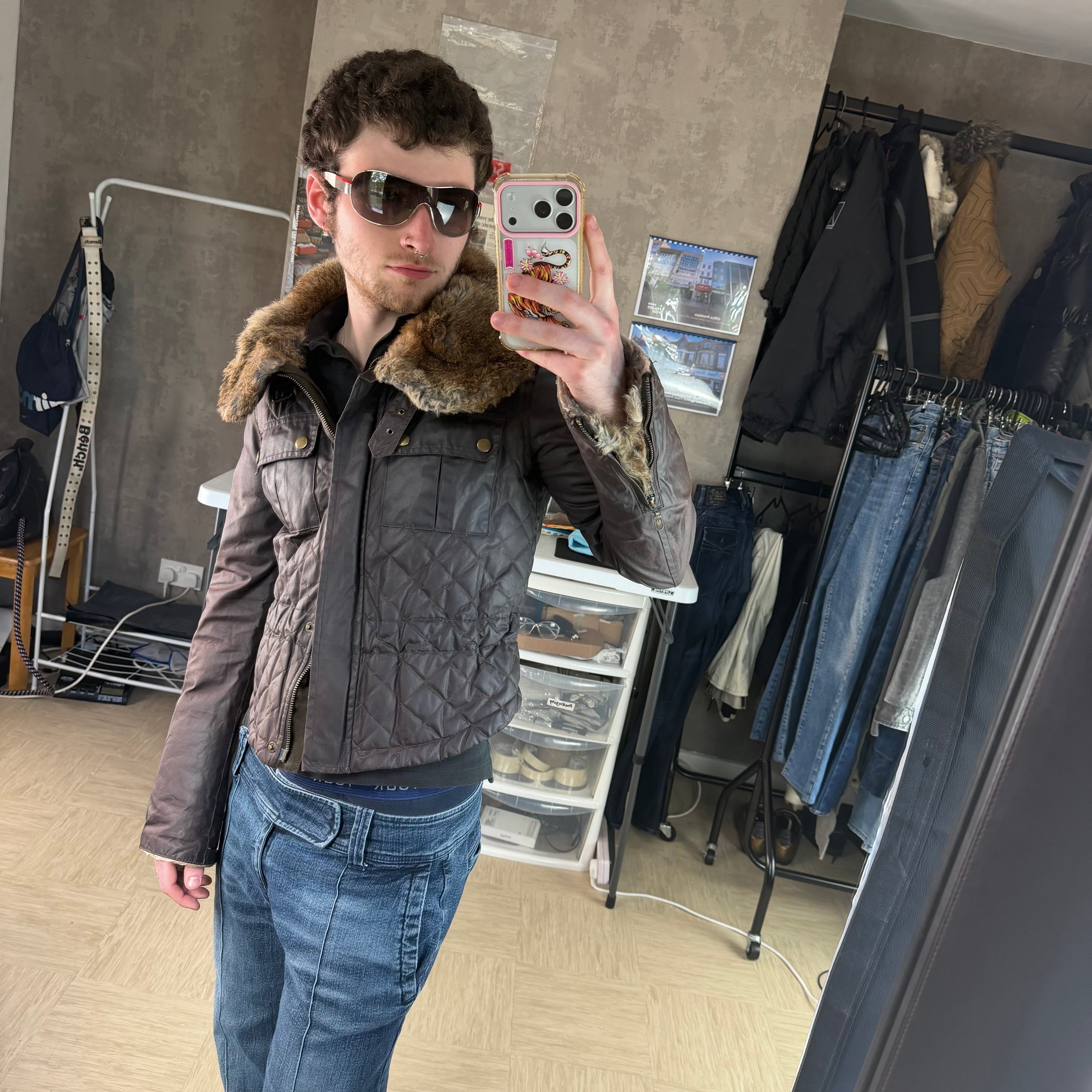 Belstaff 2000's fur collar leather wax jacket (M) wms