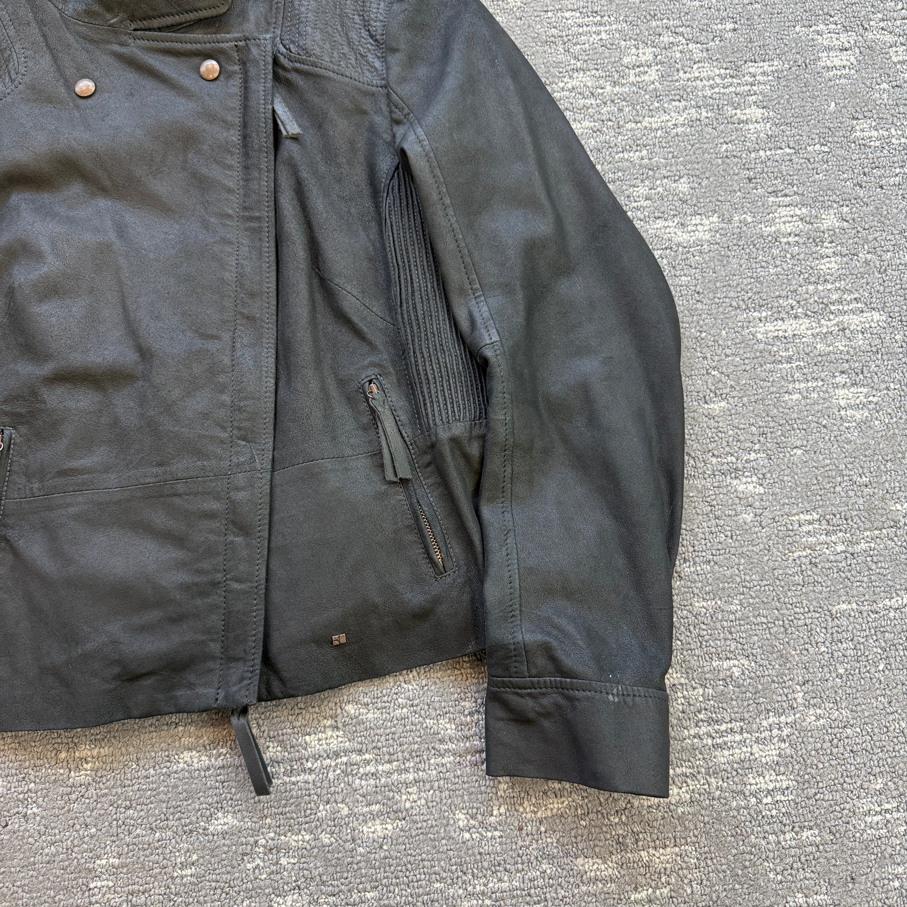 Hugo boss 2000's technical asymmetrical zip fitted goat leather biker jacket (S)