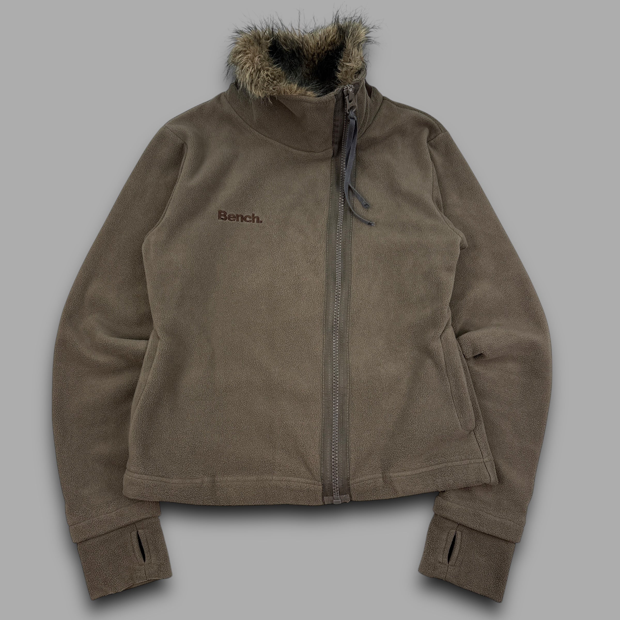 Bench 2000's technical asymmetrical zip fur collar fleece jacket (L) wms