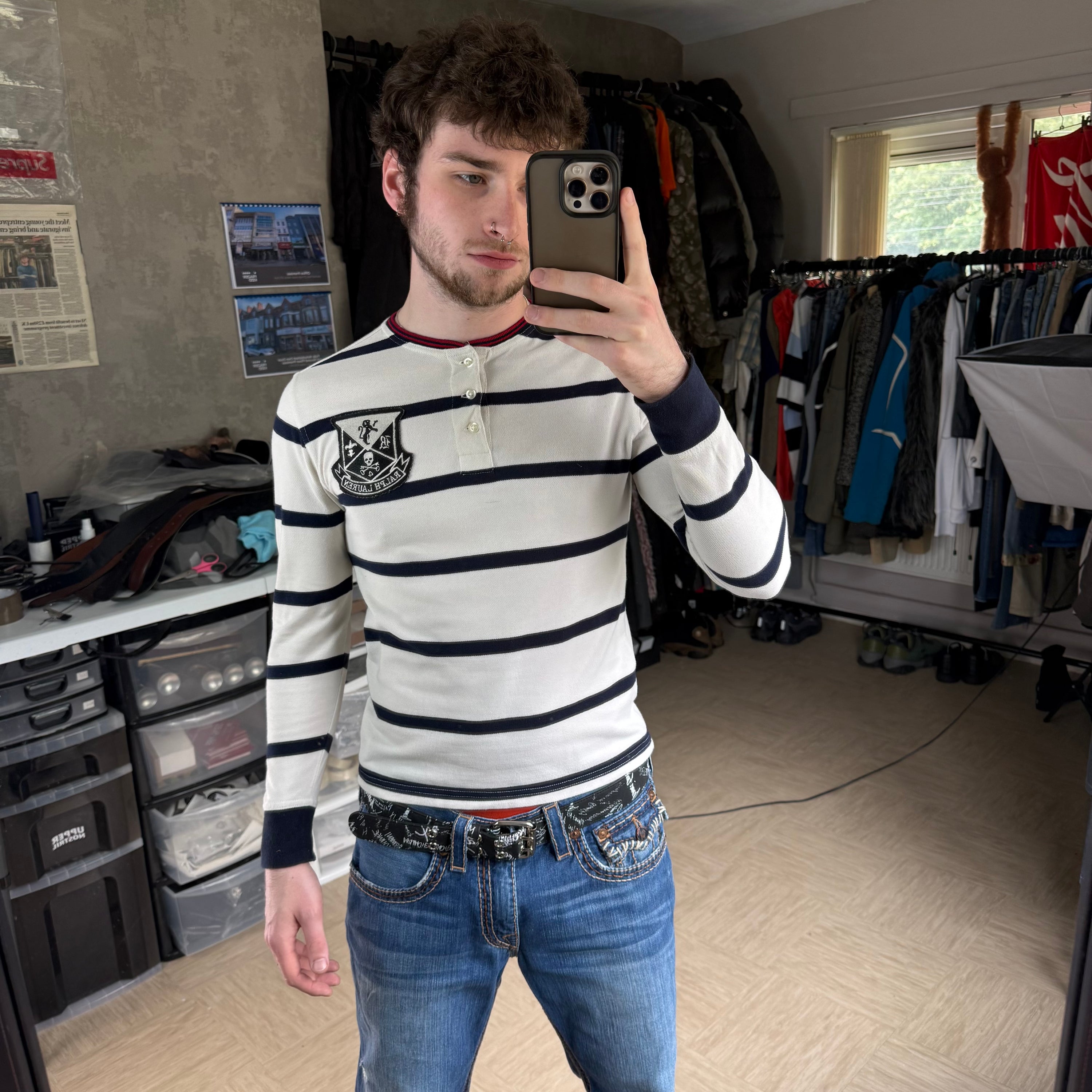Ralph Lauren 2000's horizontal stripe embroidered Henley tee (XS)