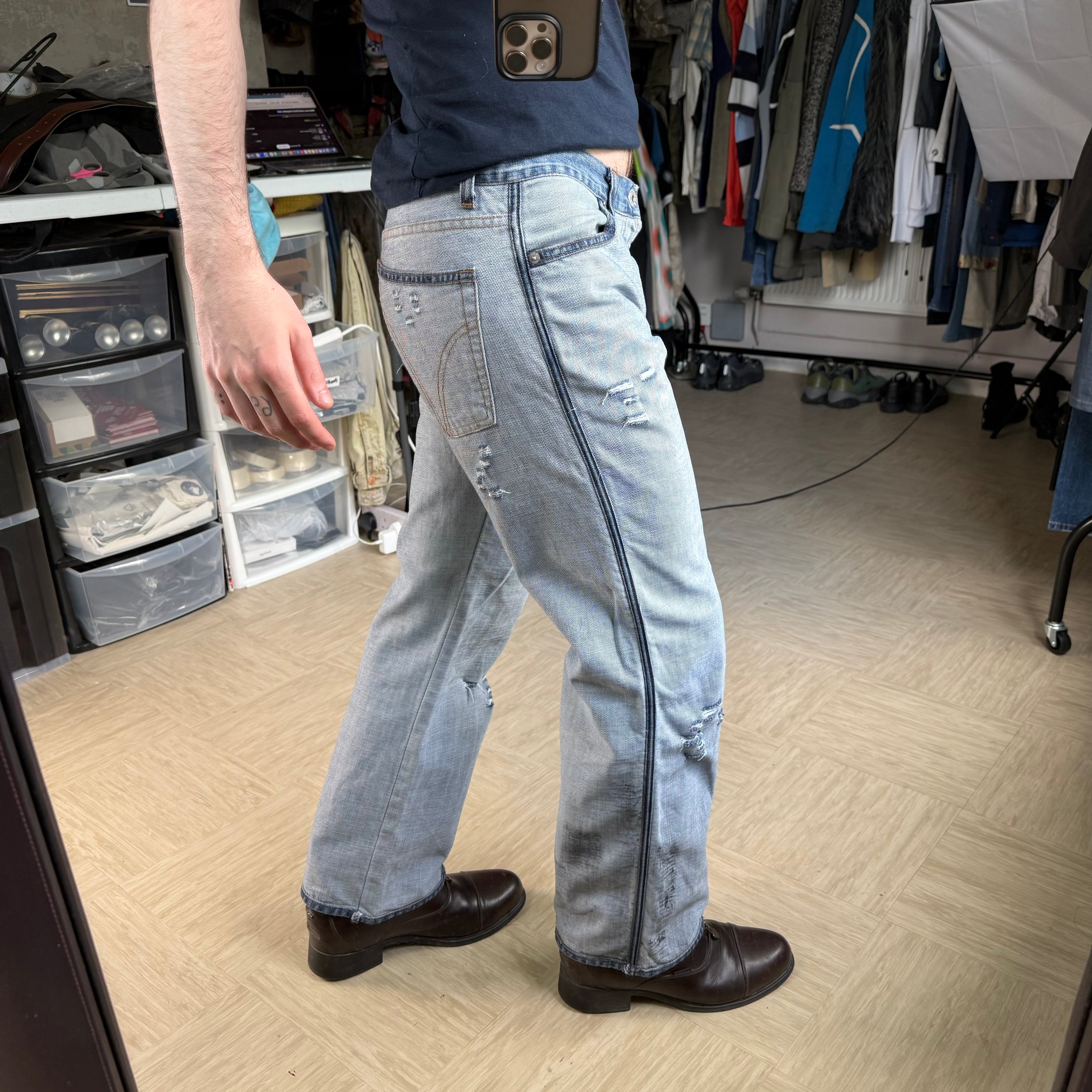 Dolce and gabanna 2002 distressed oil stained ‘inside out' denim jeans (S)