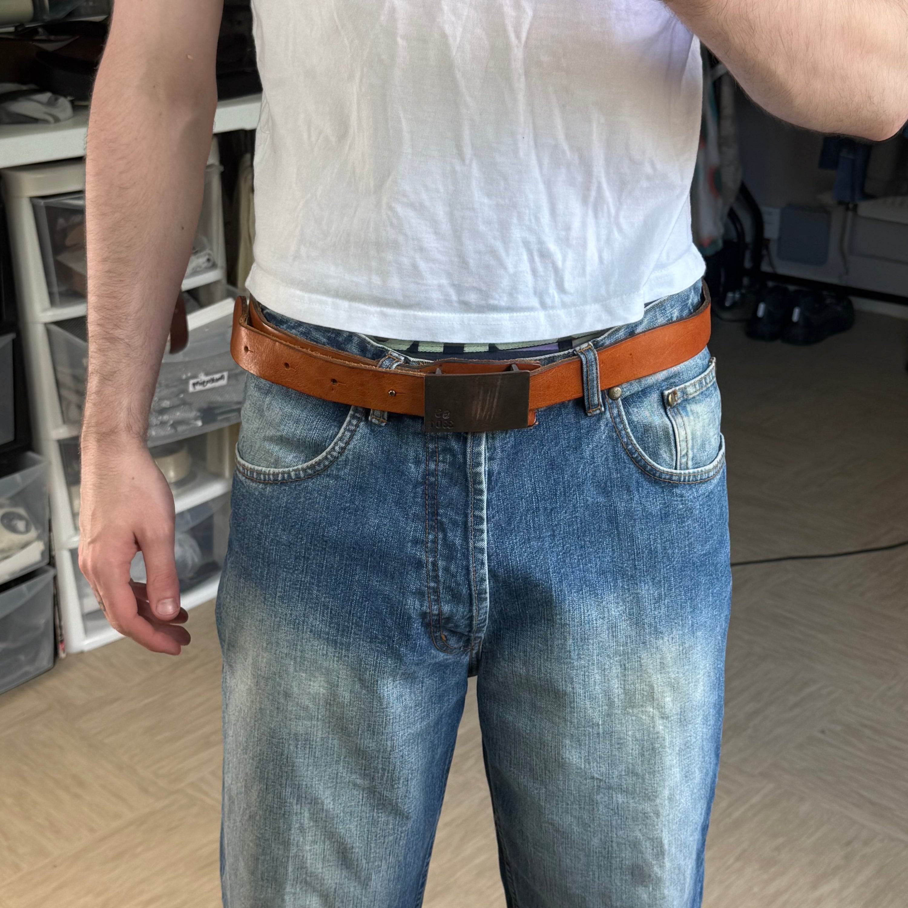Gstar 2000's metal buckle orange leather belt (OS)