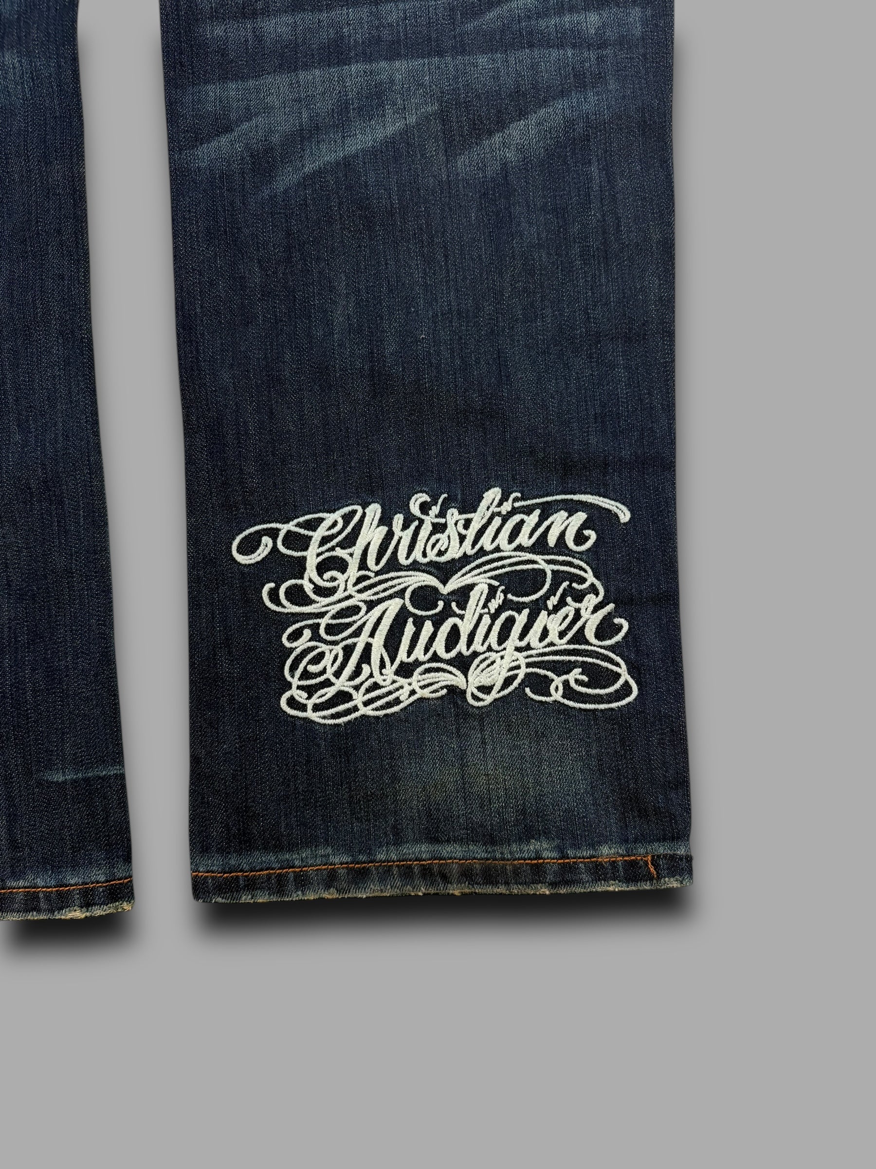 Christian Audegier 2000's graphic embroidered denim straight leg jeans (L)