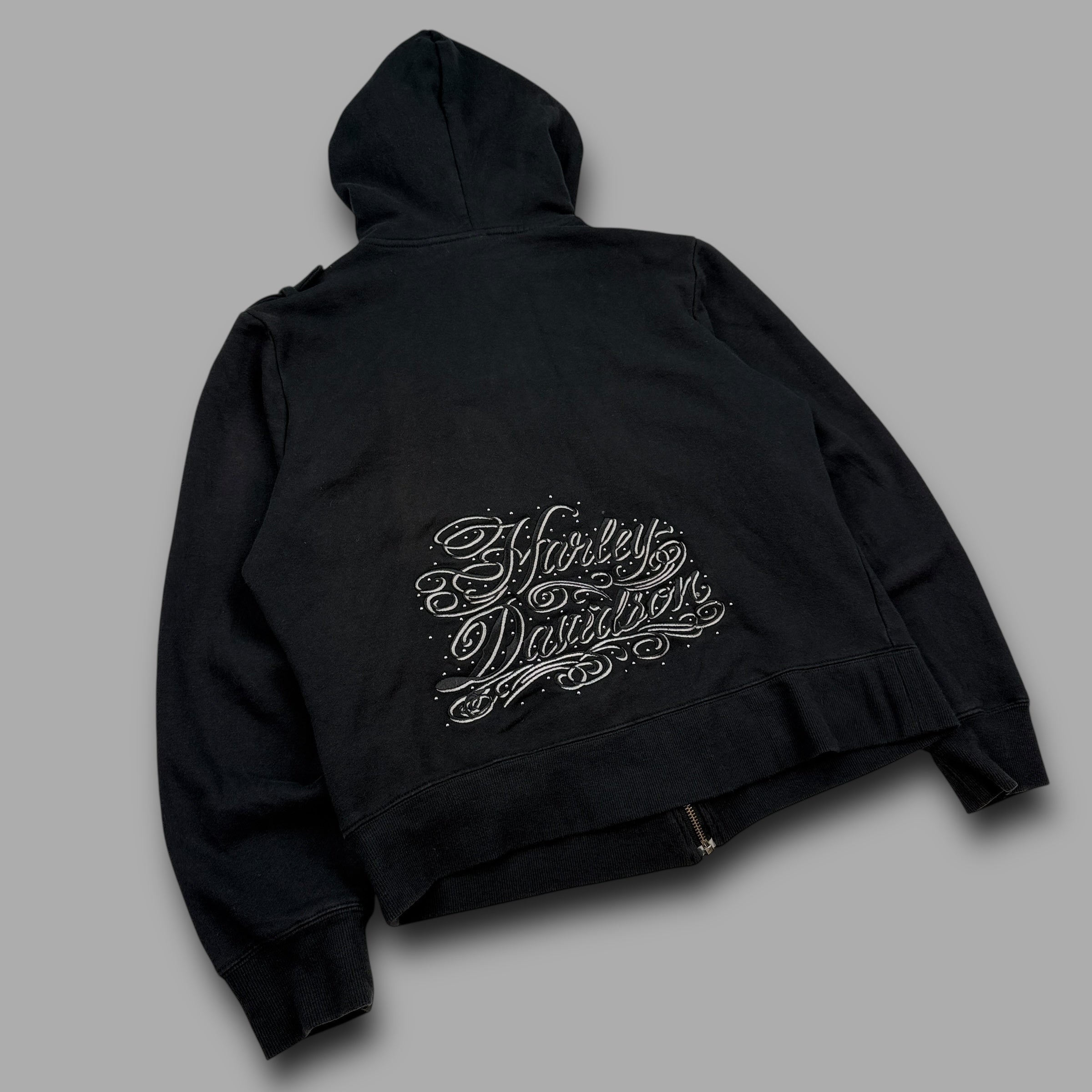 Harley Davidson 2000's technical asymmetrical zip graphic hoodie (L) wms