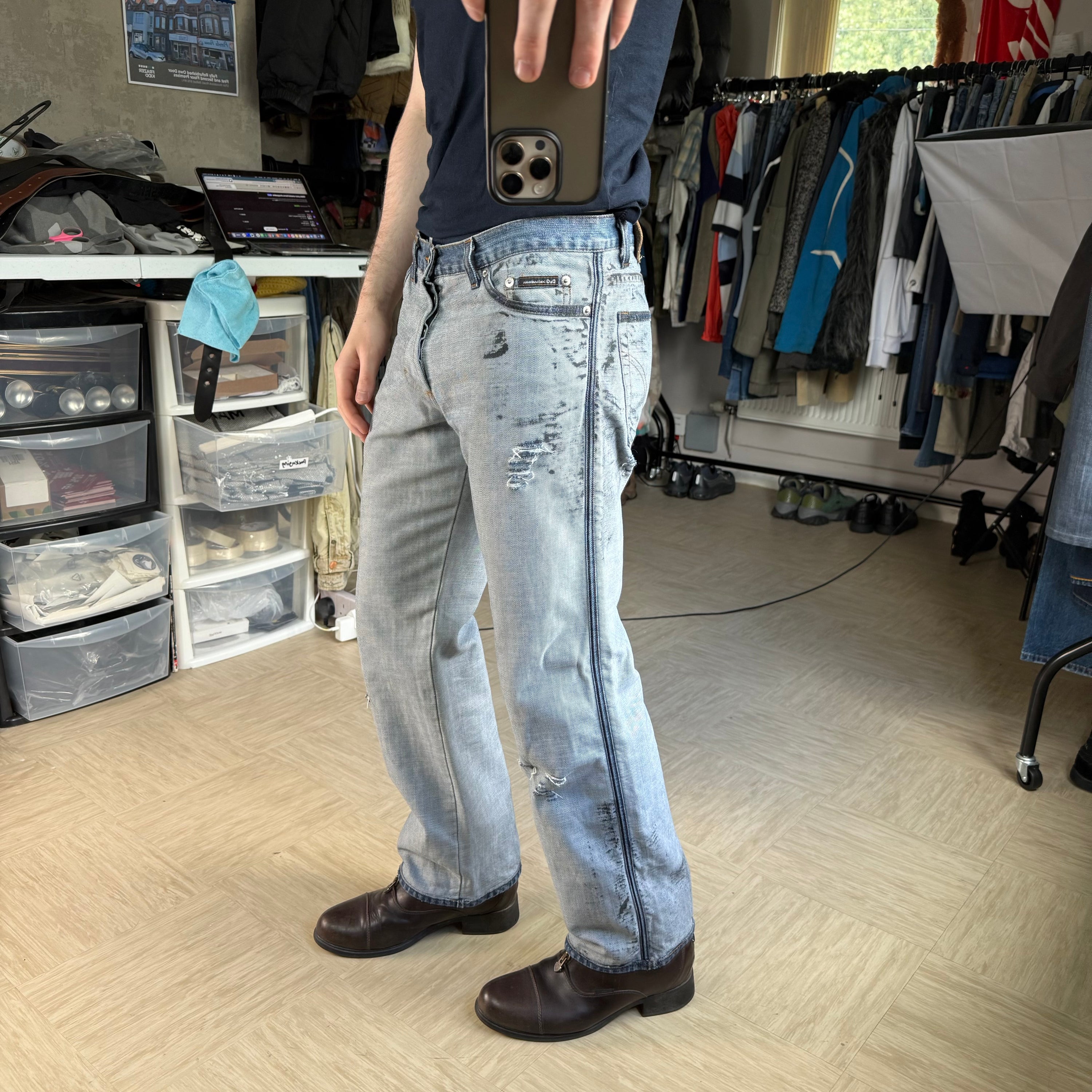 Dolce and gabanna 2002 distressed oil stained ‘inside out' denim jeans (S)