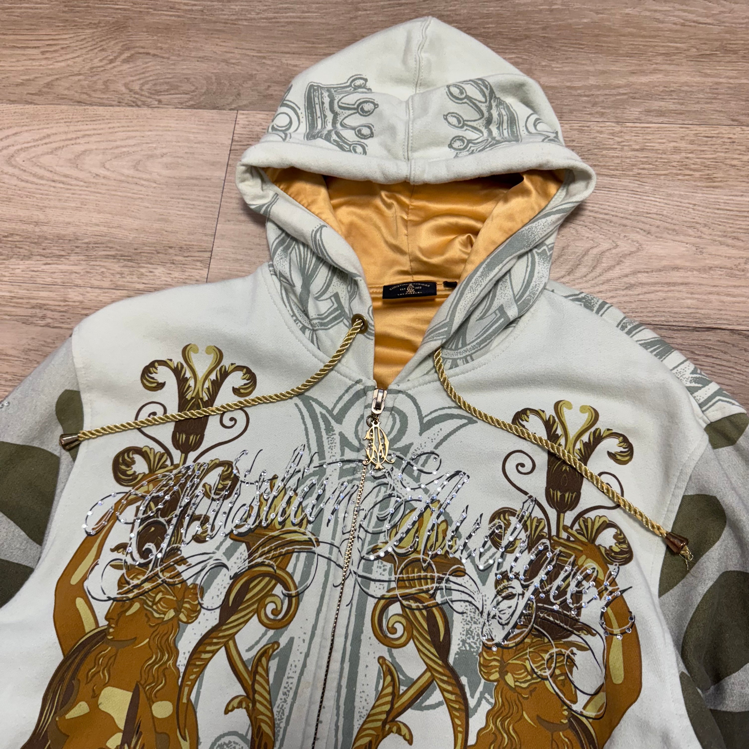 Christian audigier 2000's graphic zip up rhinestone hoodie (L)