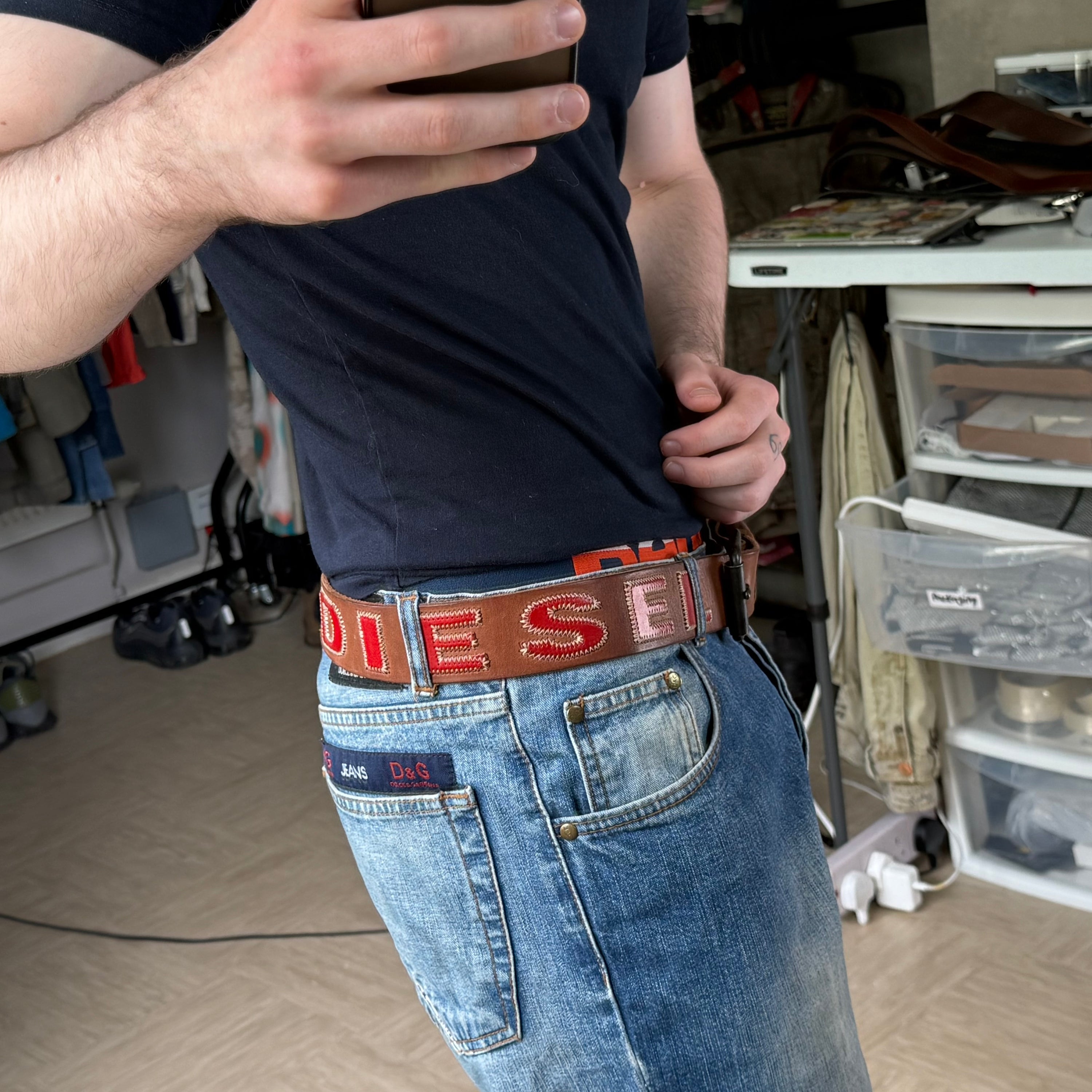 Diesel 2000's brown leather embroidered spellout belt (OS)