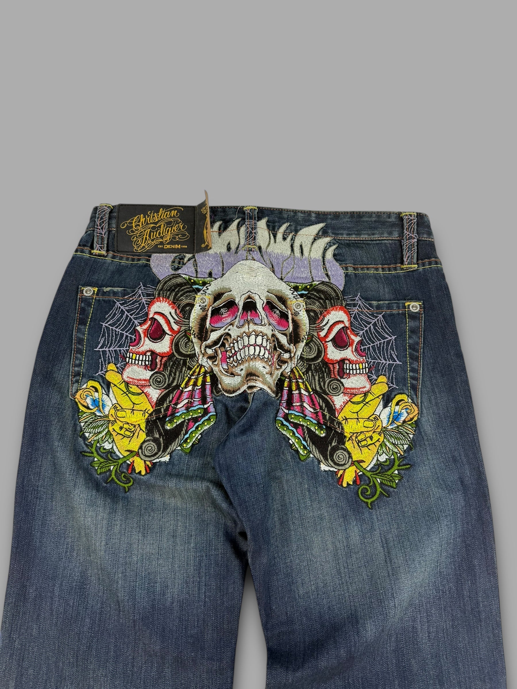 Christian Audegier 2000's graphic embroidered denim straight leg jeans (L)