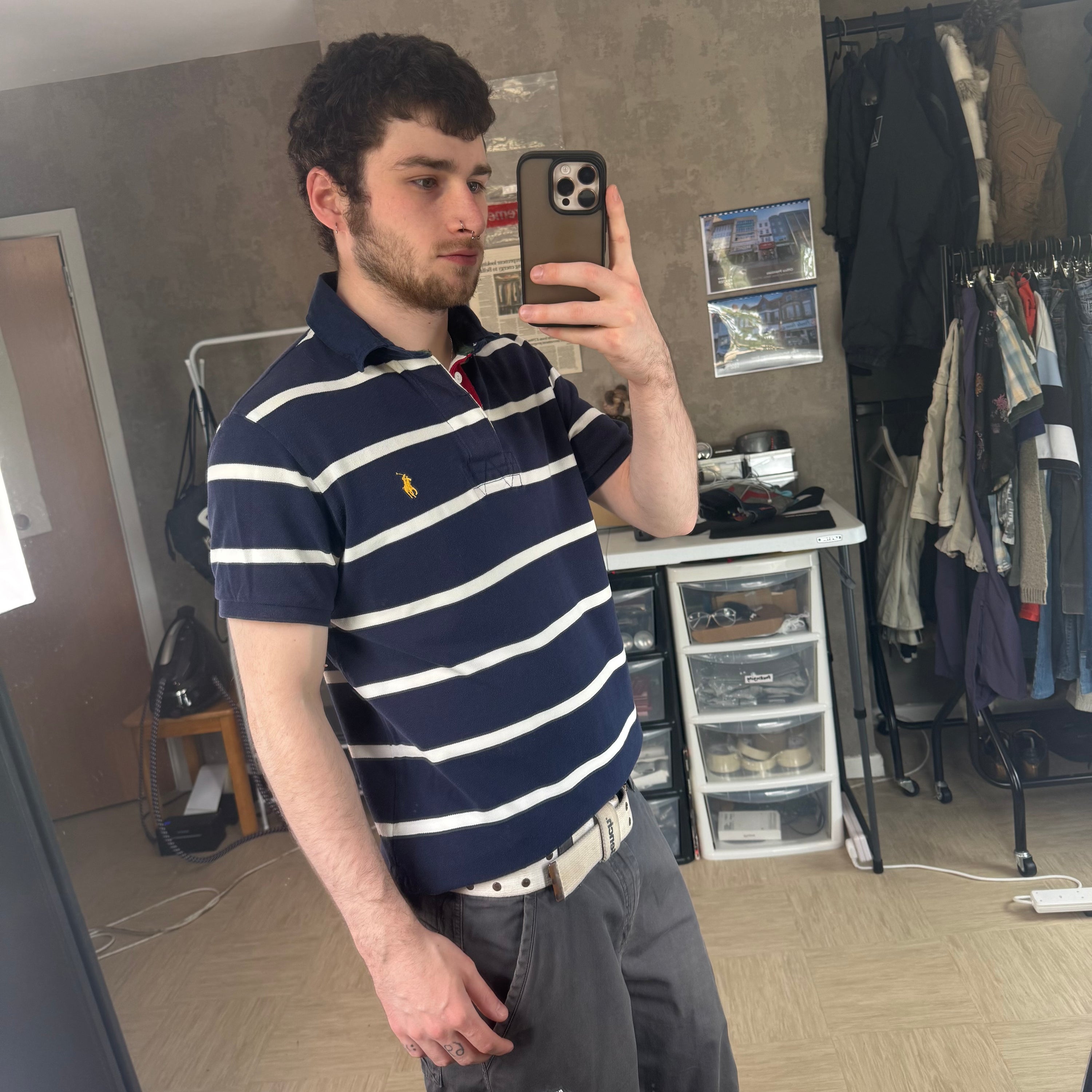 Ralph Lauren 2000's embroidered horizontal stripe polo shirt (M)