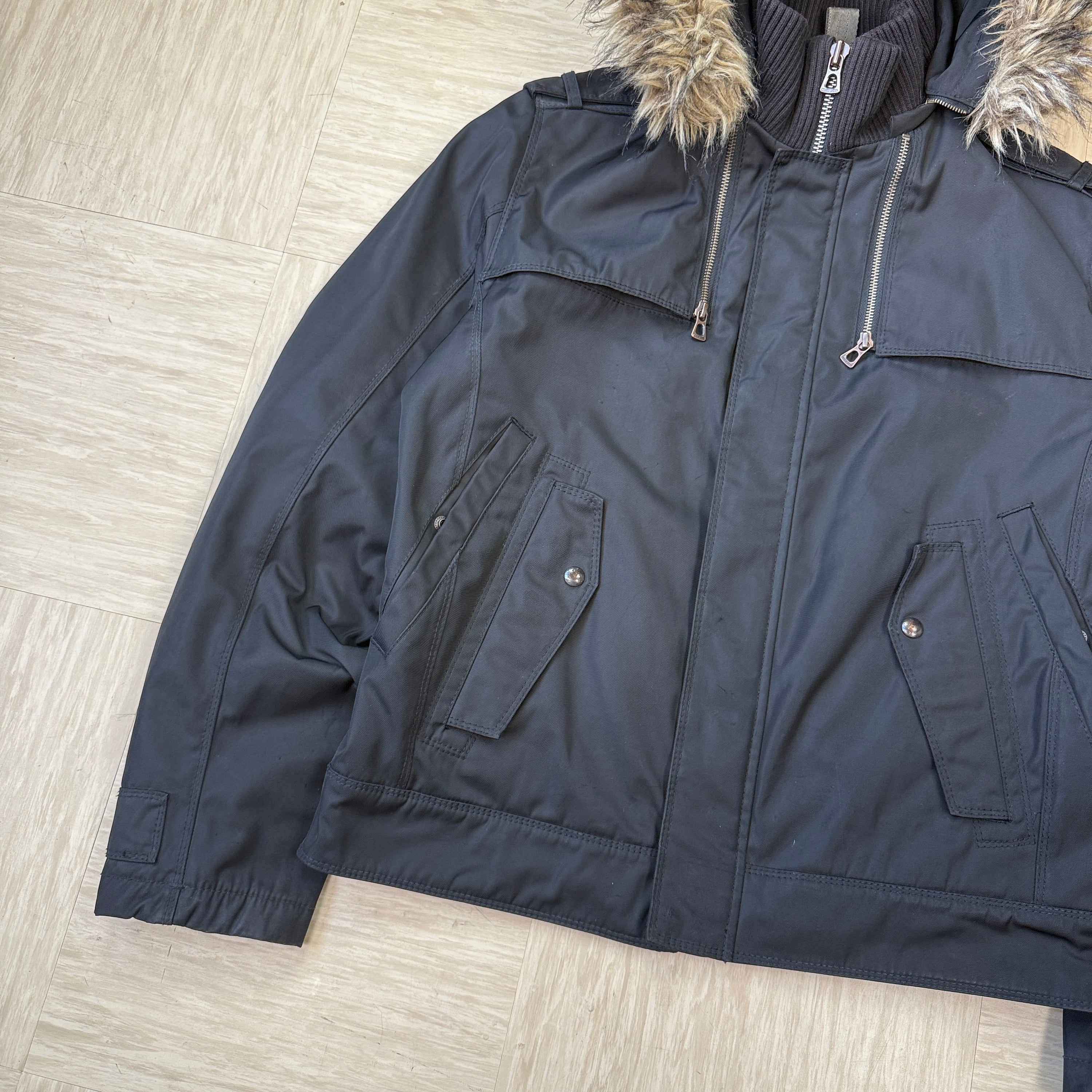 Hugo boss 2000's orange tab technical thermor nylon bomber jacket with fur hood (L)