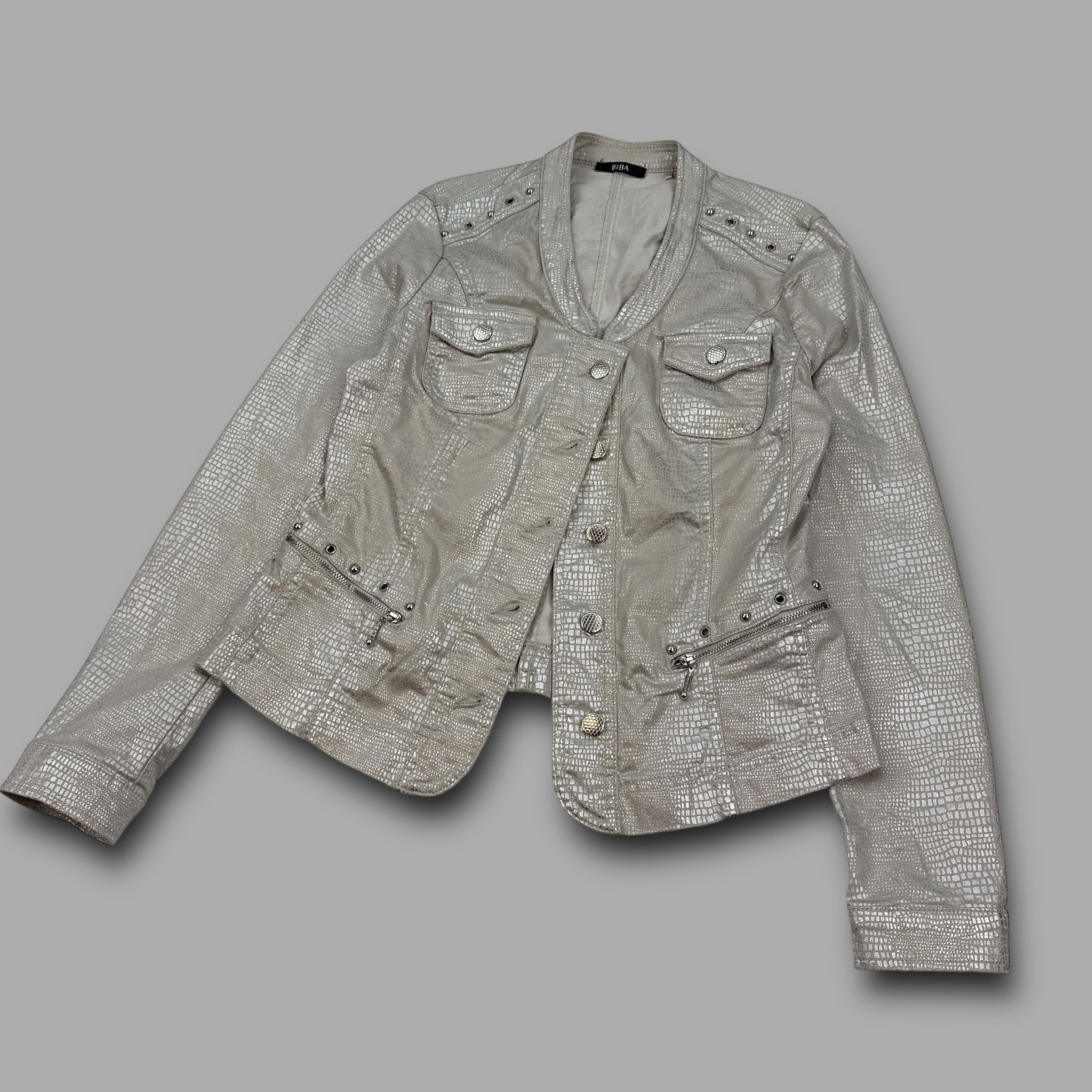 Biba 2000's silver studded bomber jacket with faux crocodile skin pattern and pockets (S) wms