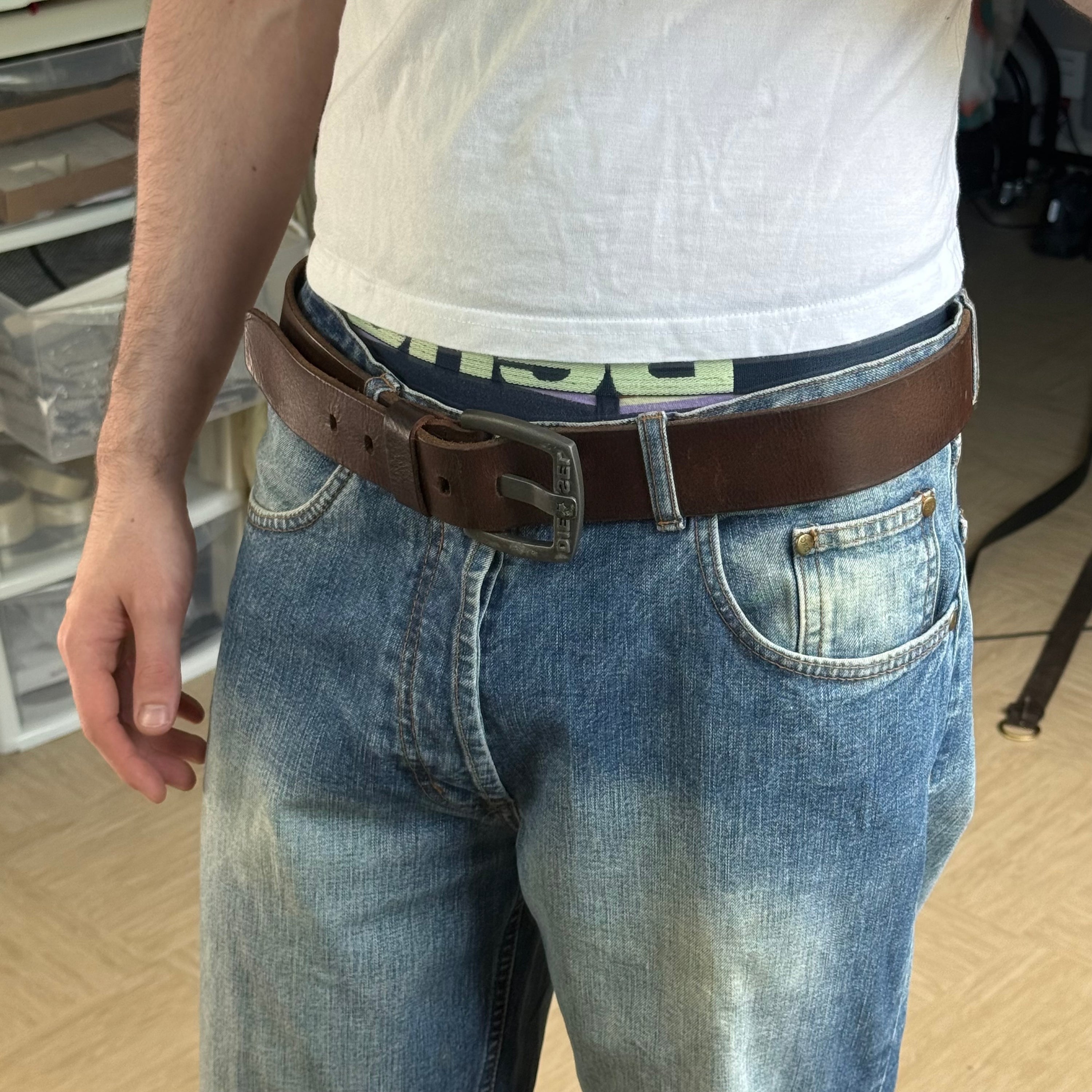 Diesel 2000's big spellout buckle wide leather belt (OS)
