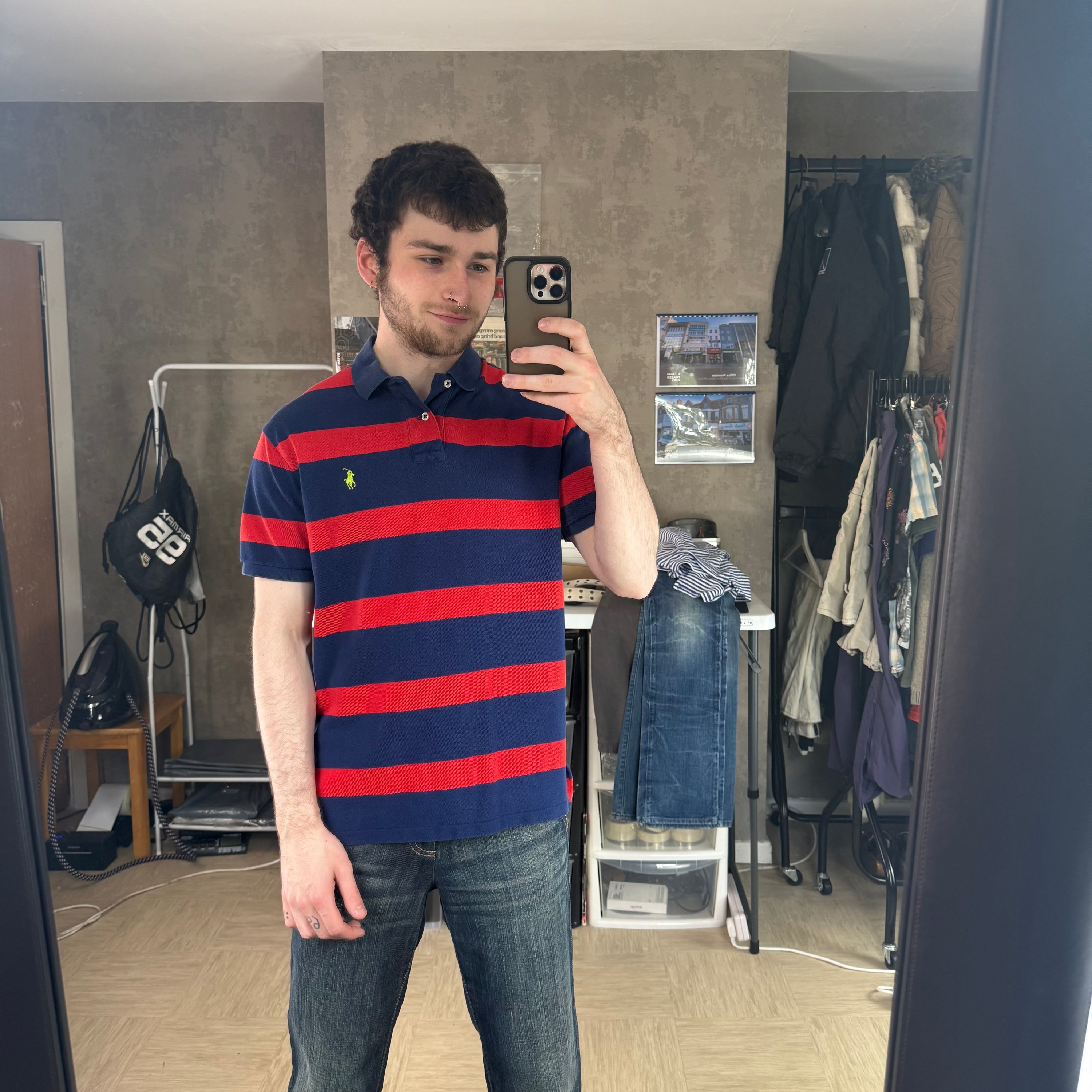 Ralph Lauren 2000's embroidered horizontal stripe button up polo shirt (M)