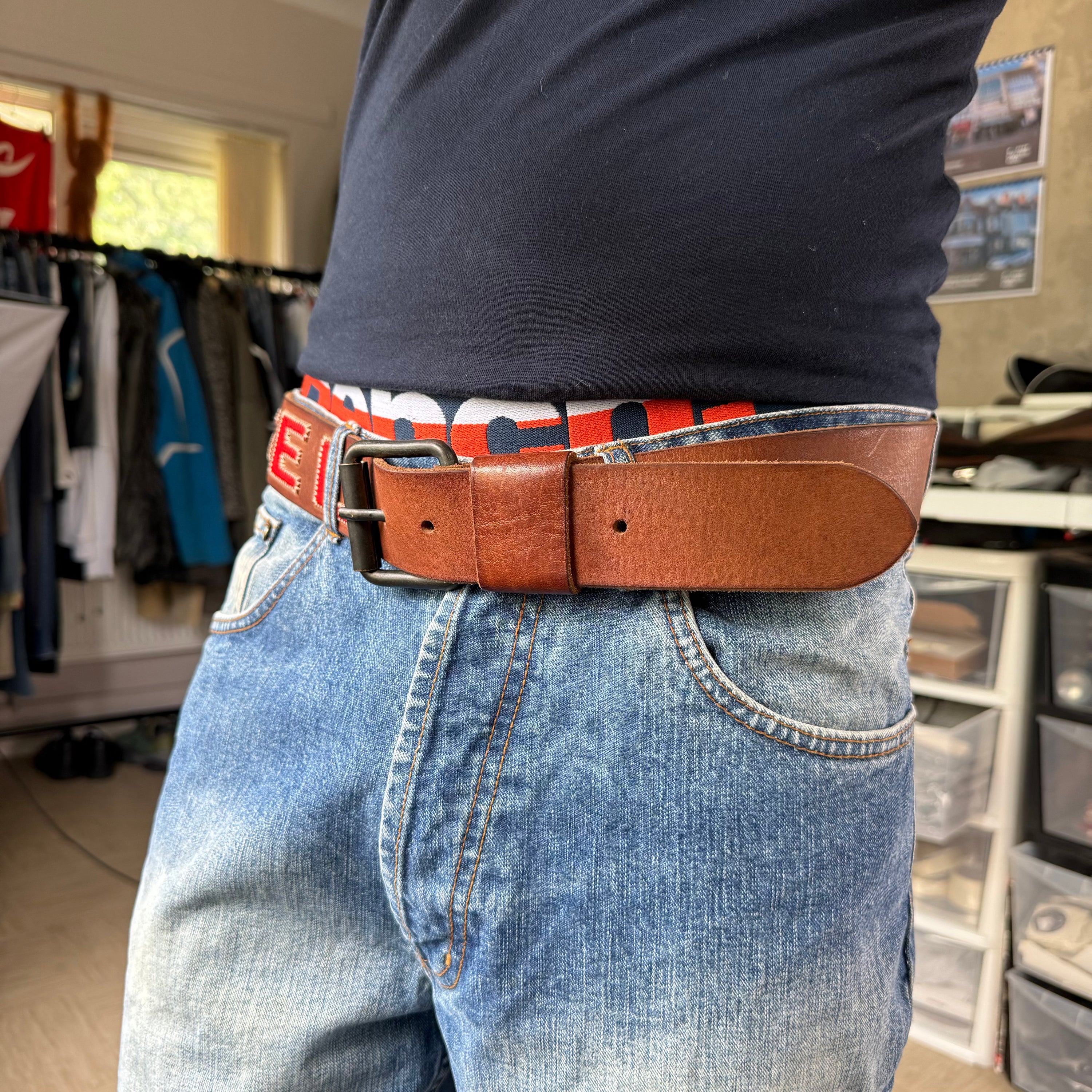 Diesel 2000's brown leather embroidered spellout belt (OS)