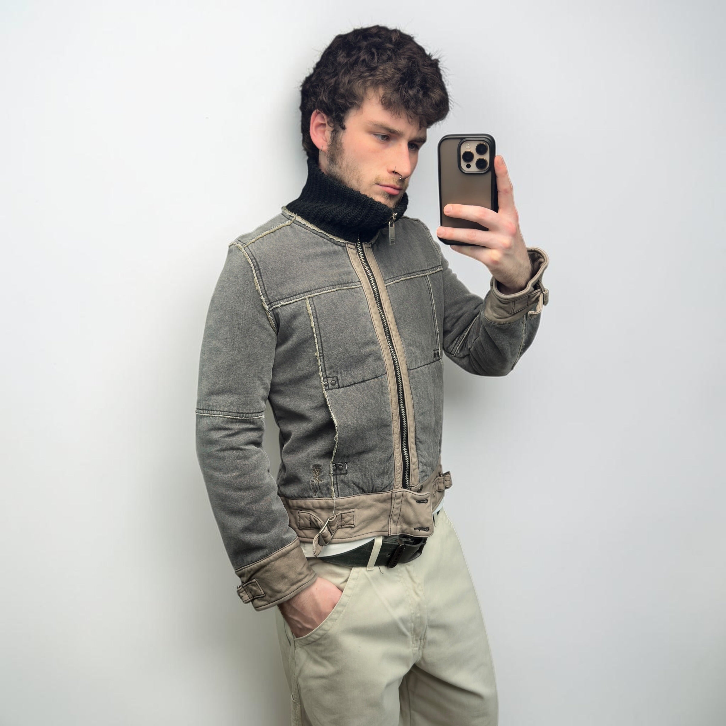 Diesel 2000's distressed panelled fitted high collar jacket (S)