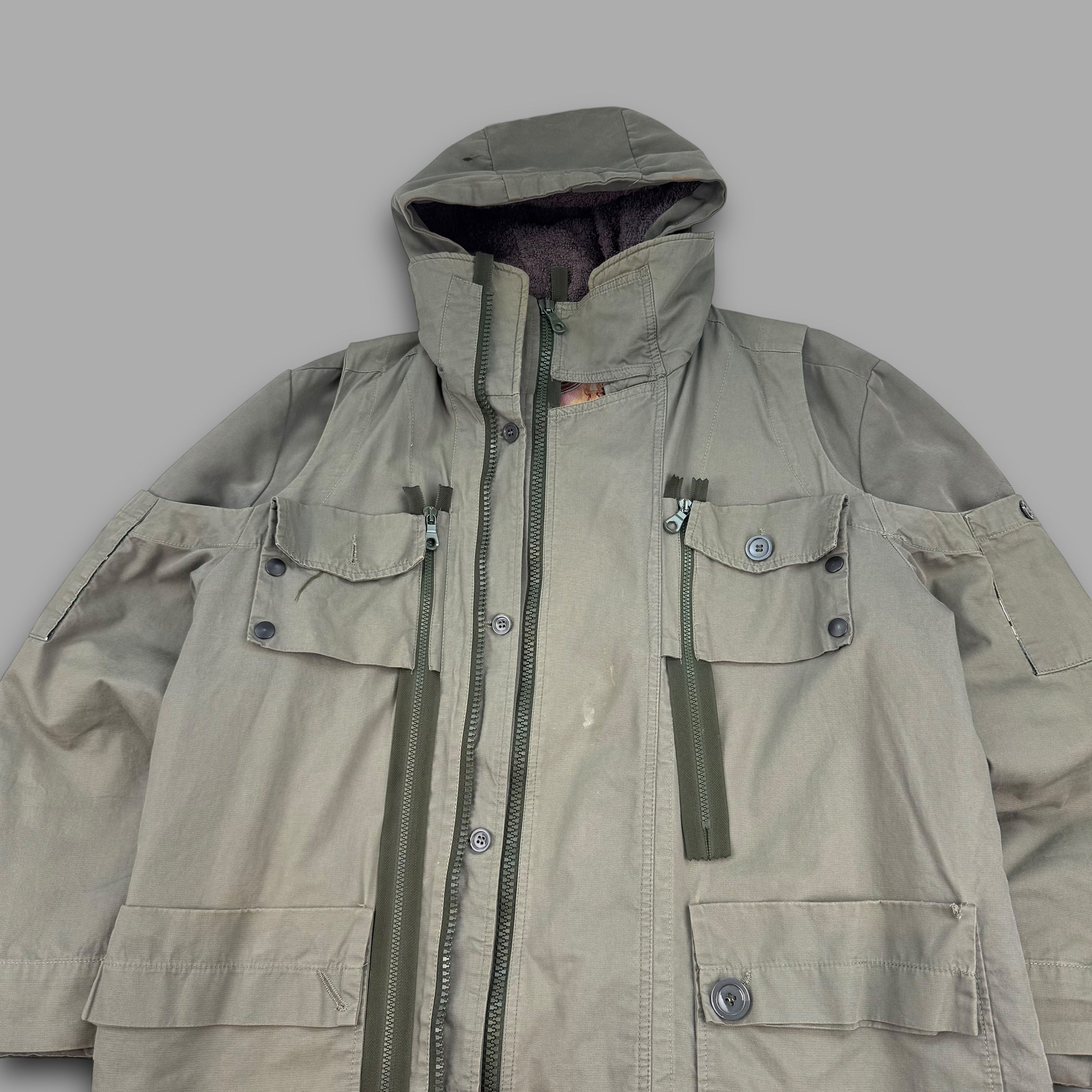 Diesel style lab 2000's technical multi-pocket heavyweight fur lined parka jacket (L)