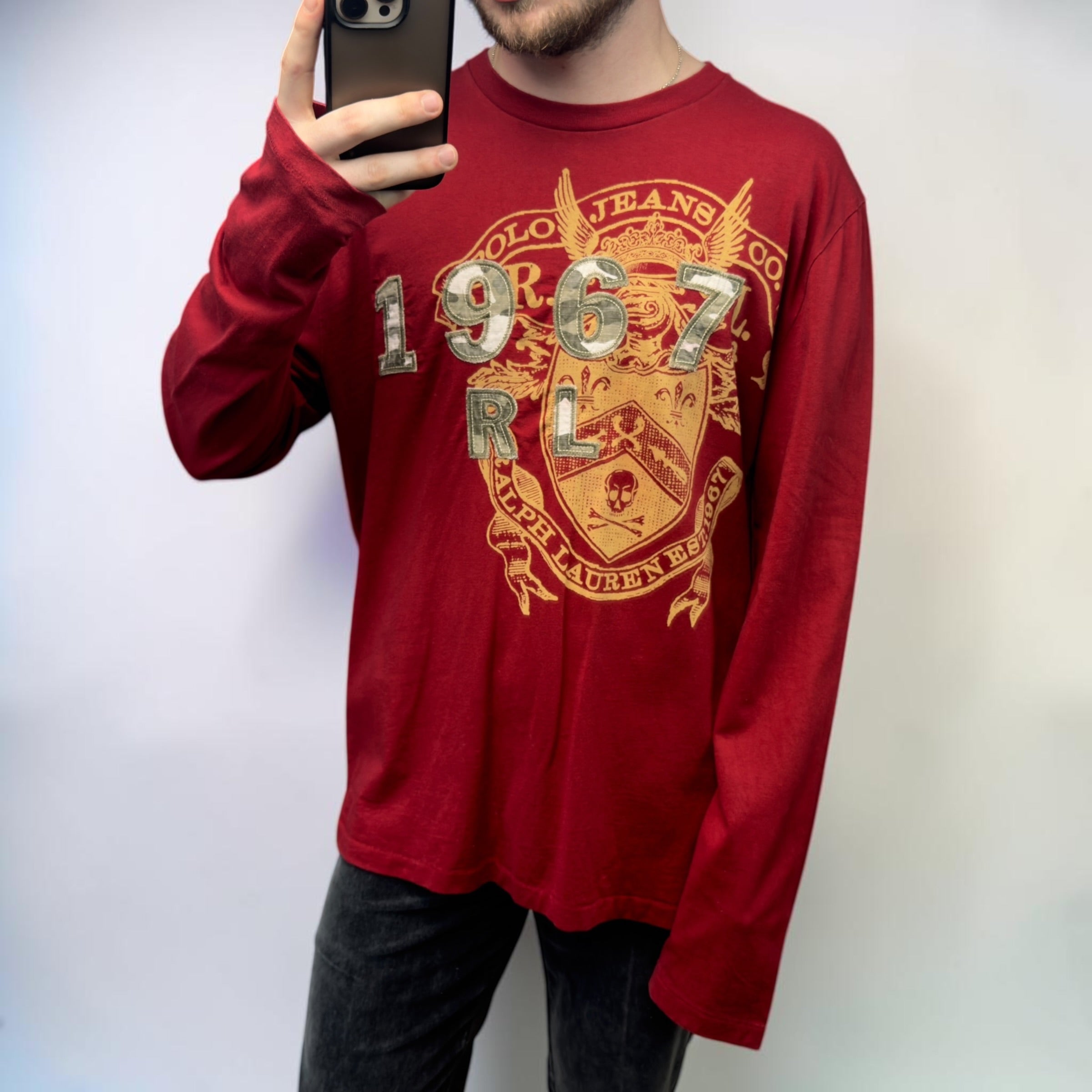 Ralph Lauren 2000's graphic embroidered long sleeve tee (L)