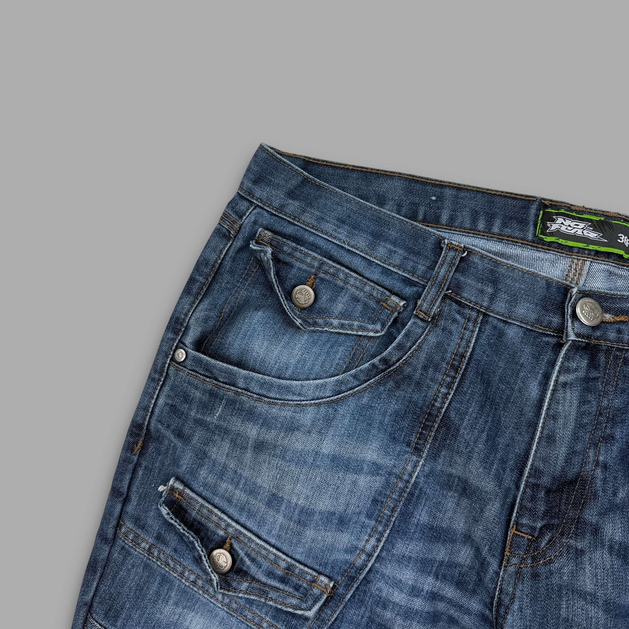 No fear 2000's contrast stitch denim bootcut cargo jeans (L)