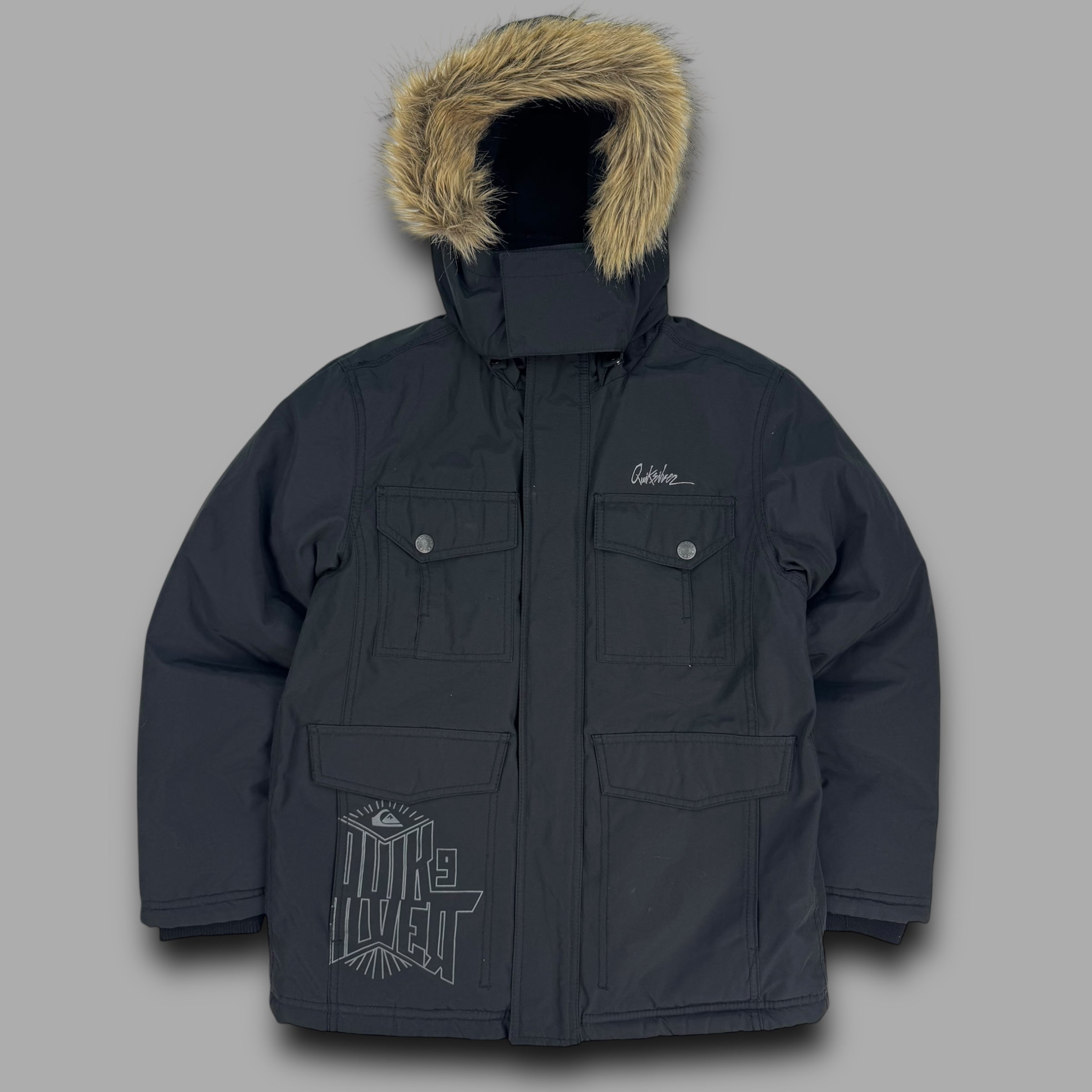 Quiksilver 2000's technical multi pocket fur hood shell jacket (L) wms