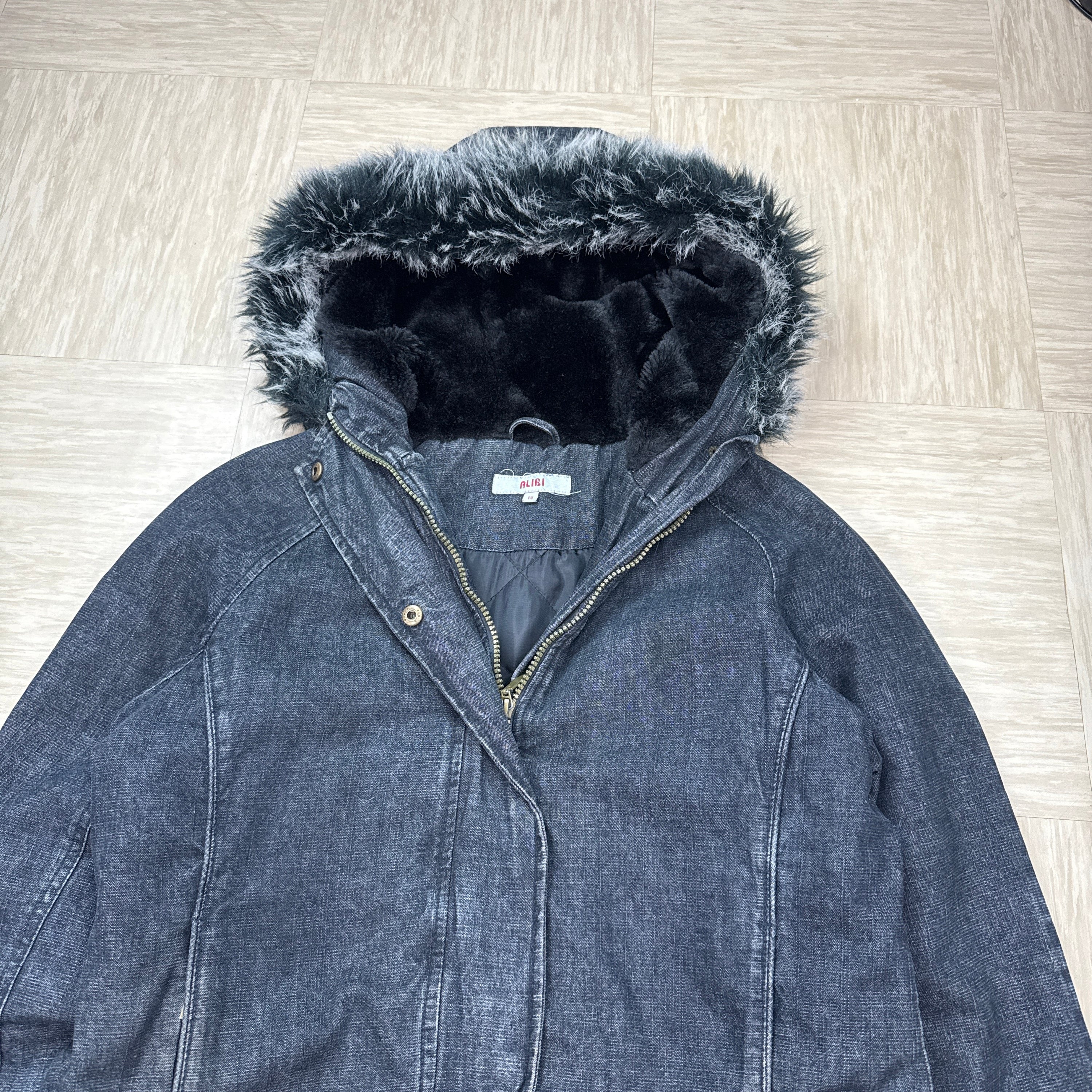 Alibi 1990's cropped zip up denim faux fur hooded jacket (S)