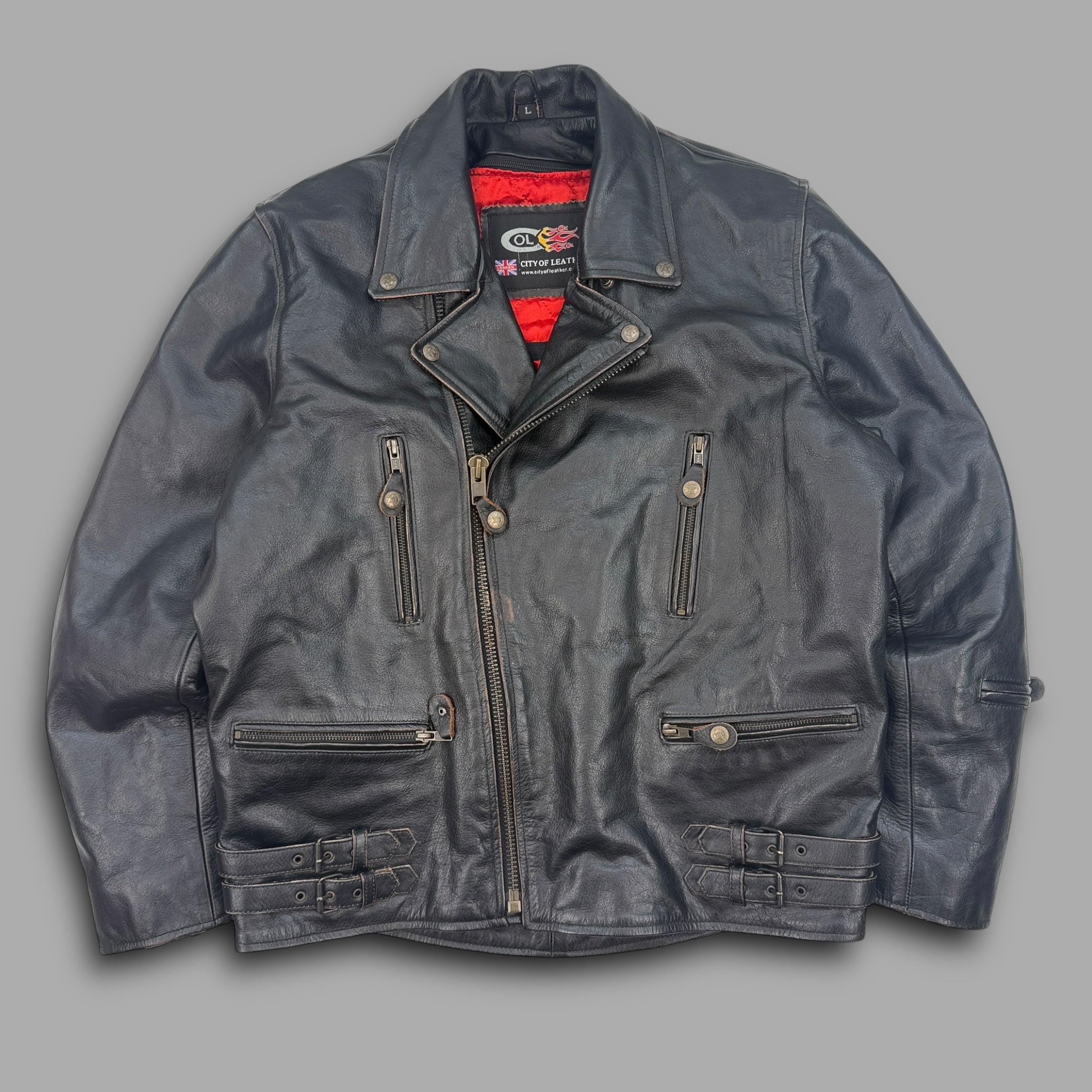 City of leather 'straight to hell' style leather biker jacket (L)