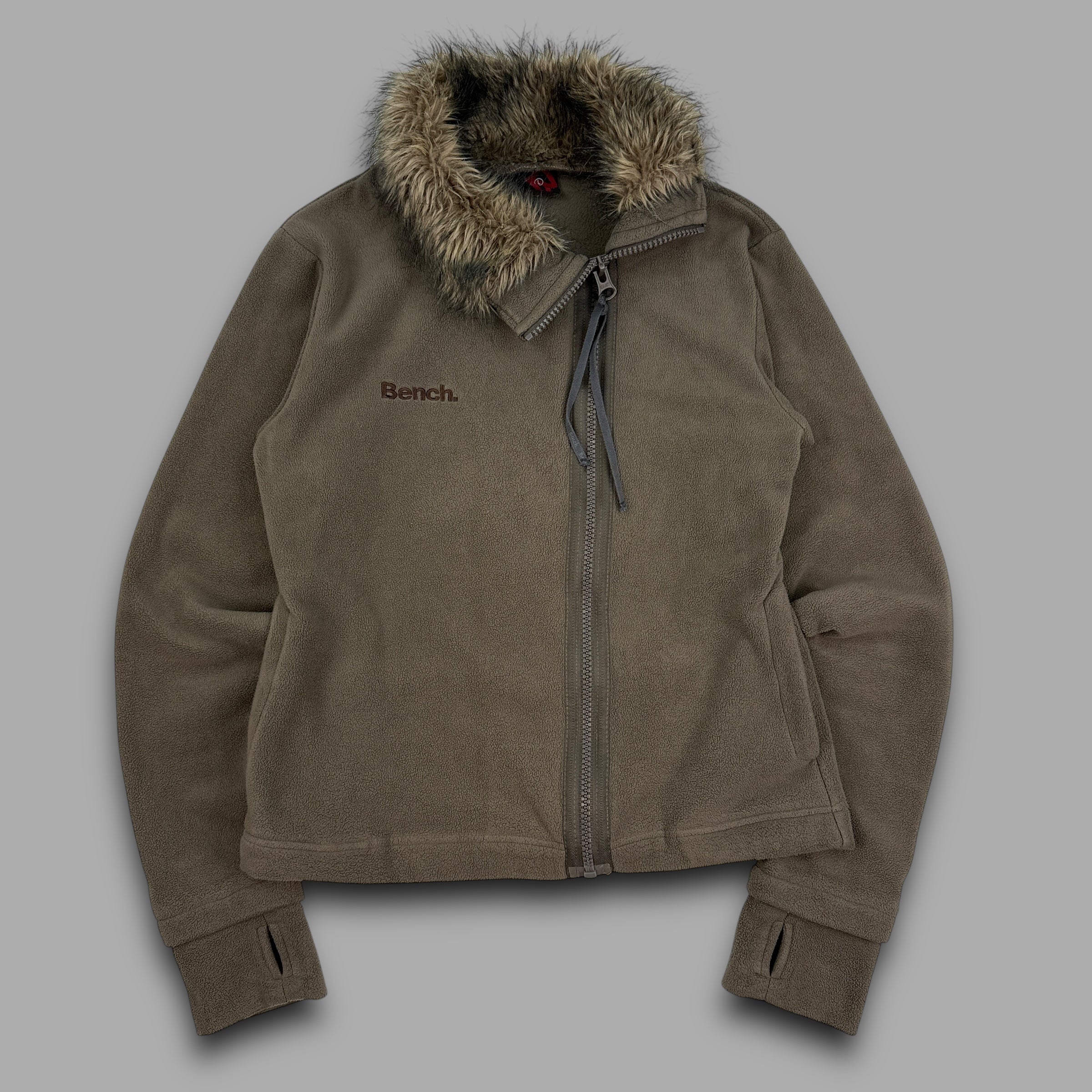 Bench 2000's technical asymmetrical zip fur collar fleece jacket (L) wms