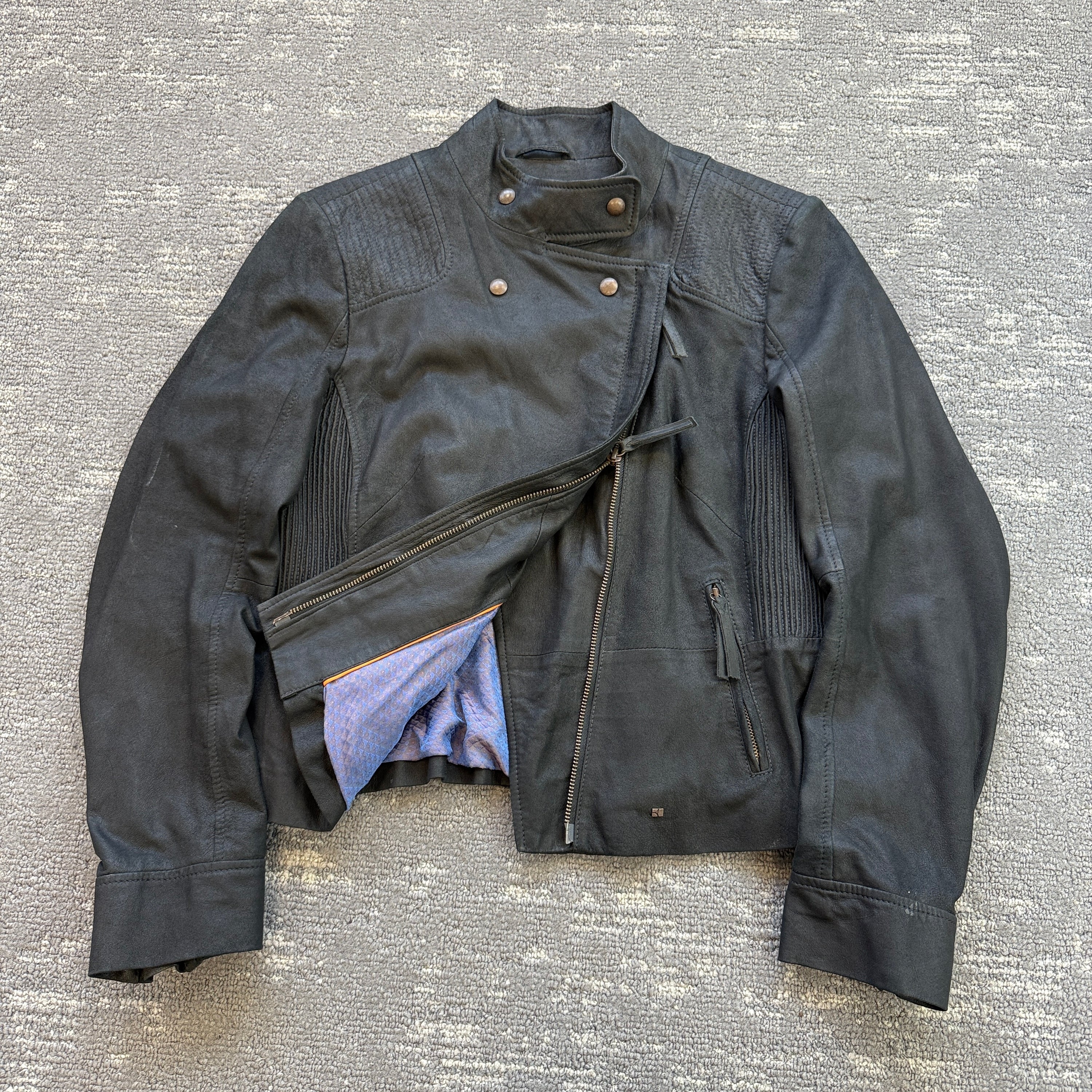 Hugo boss 2000's technical asymmetrical zip fitted goat leather biker jacket (S)