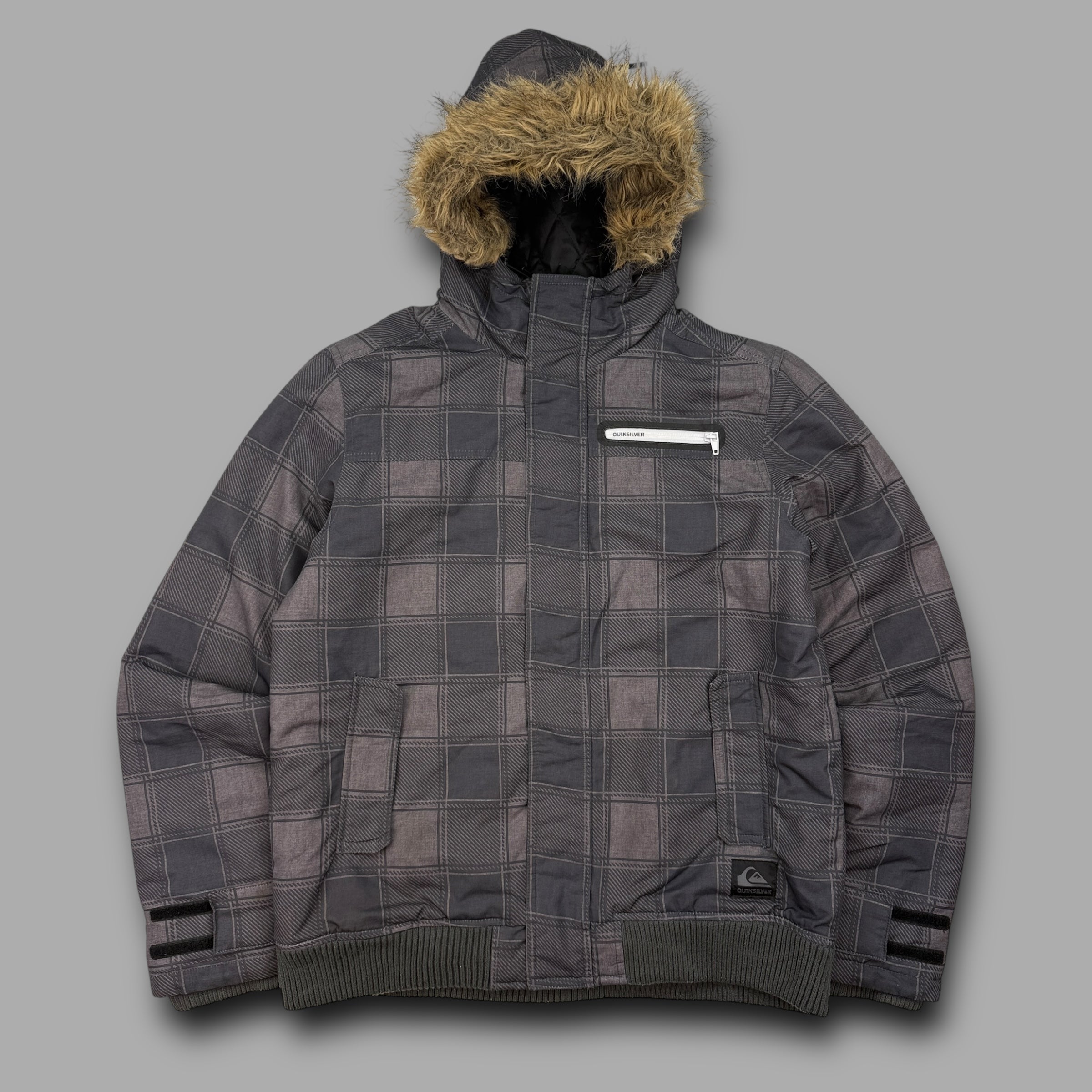 Quiksilver 2000's technical plaid fur hood bomber style jacket (S)