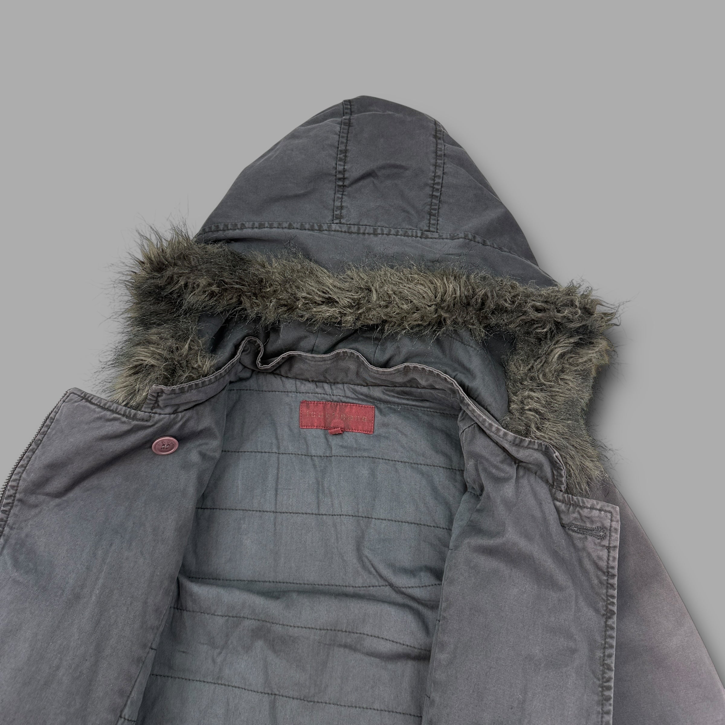 Fcuk jeans 2000's technical asymmetrical zip fur hood jacket (XL) wms