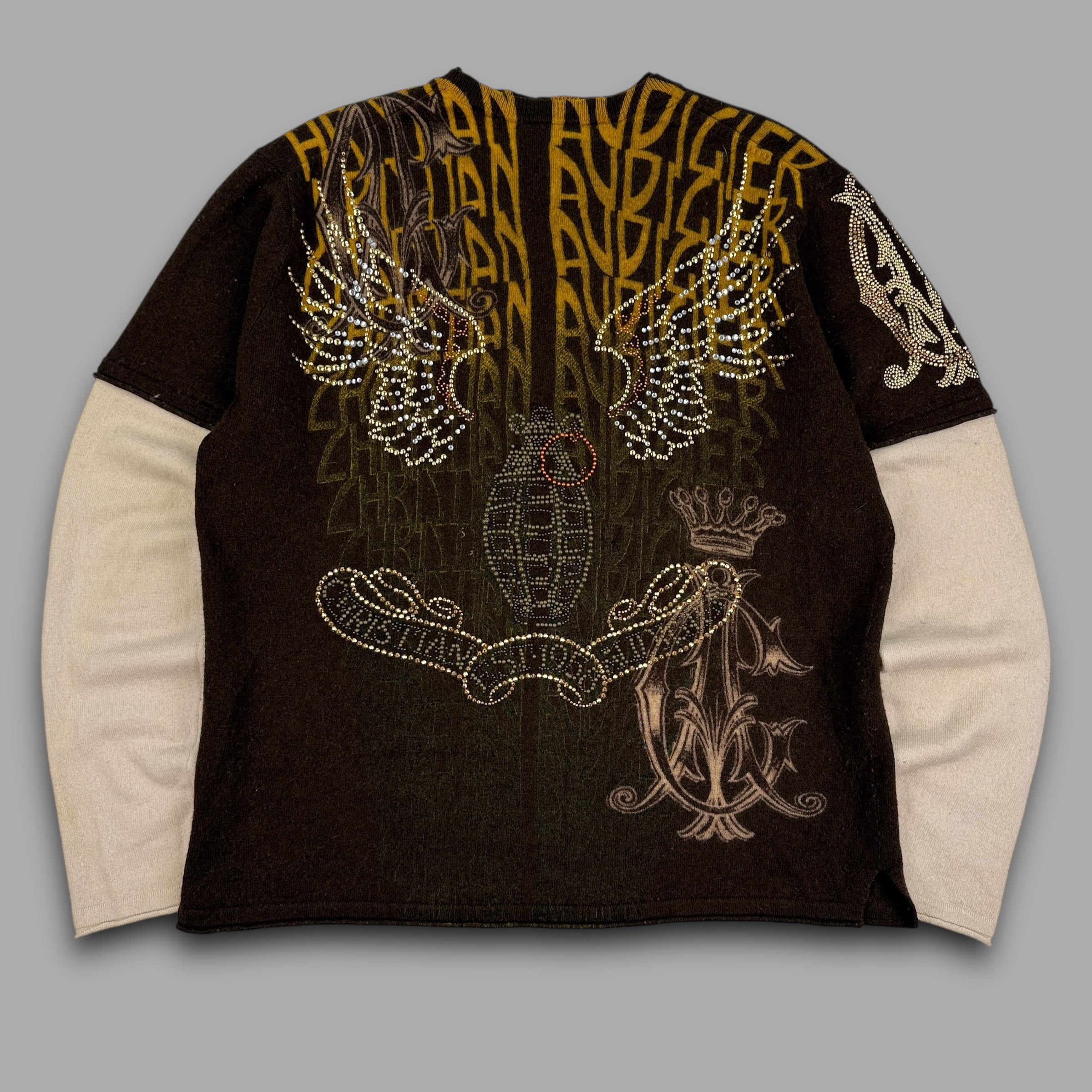 Christian audigier 2000's graphic rhinestone pullover wool knit sweatshirt (XL) wms