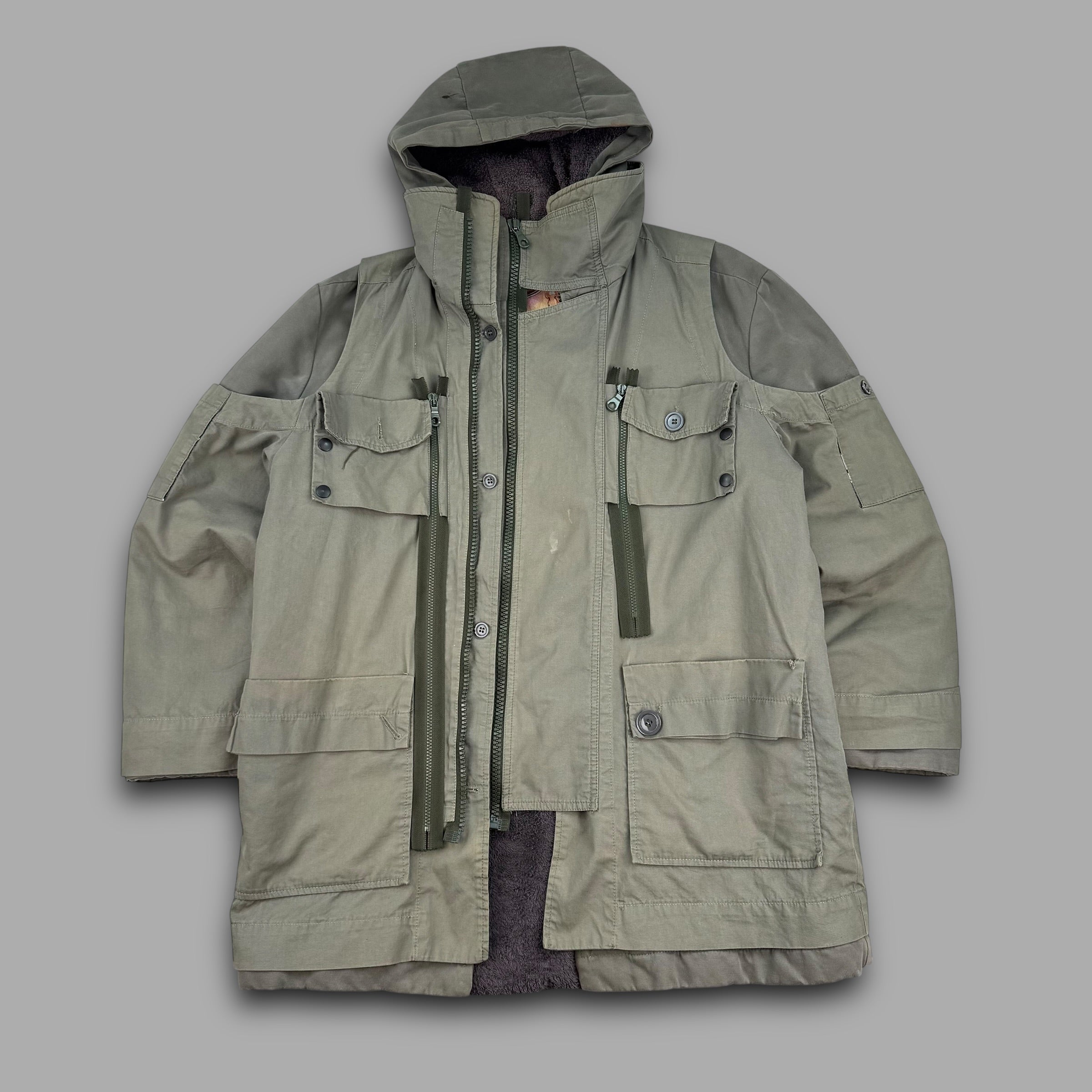 Diesel style lab 2000's technical multi-pocket heavyweight fur lined parka jacket (L)