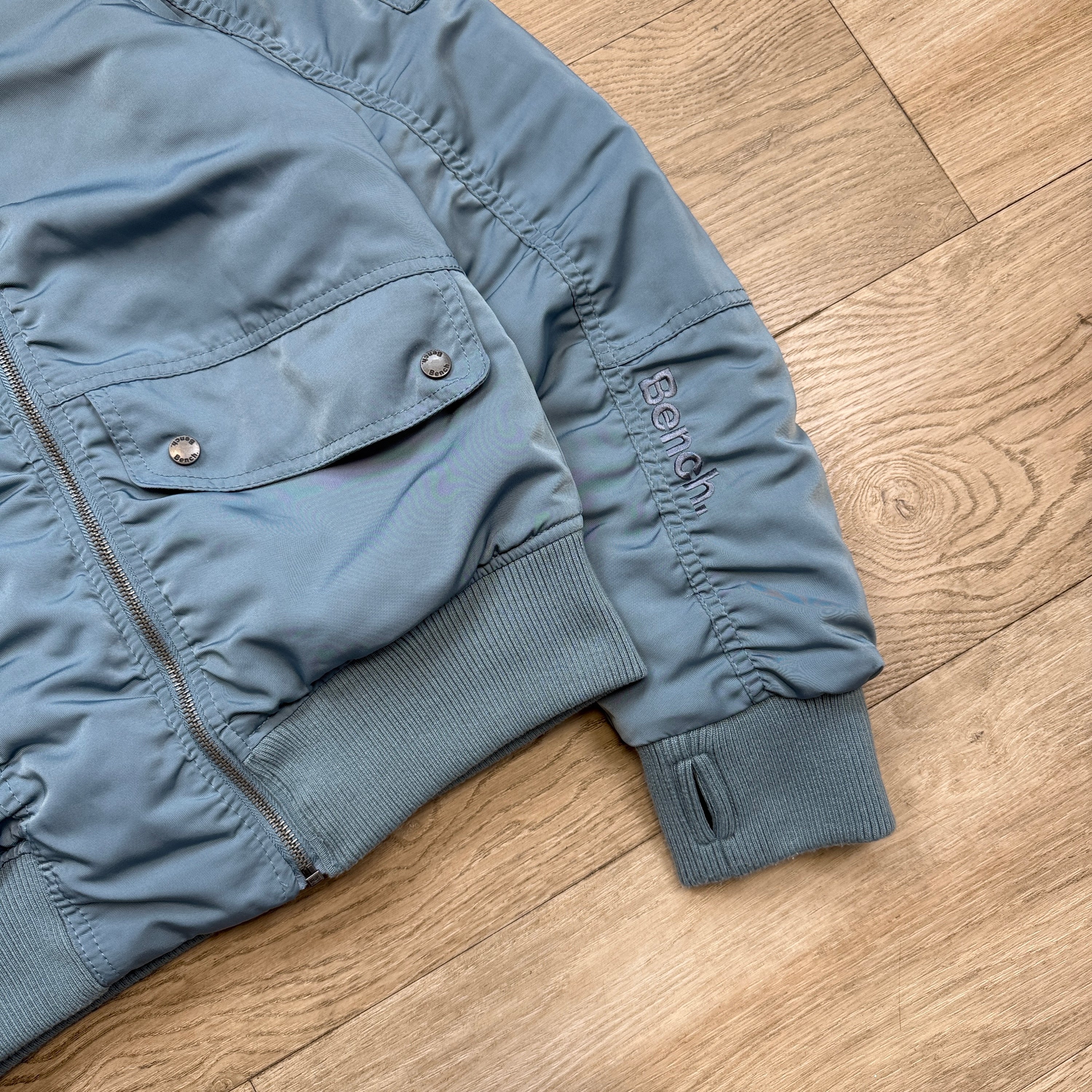 Bench 2000's asymmetrical zip fur hooded bomber jacket (L) wms