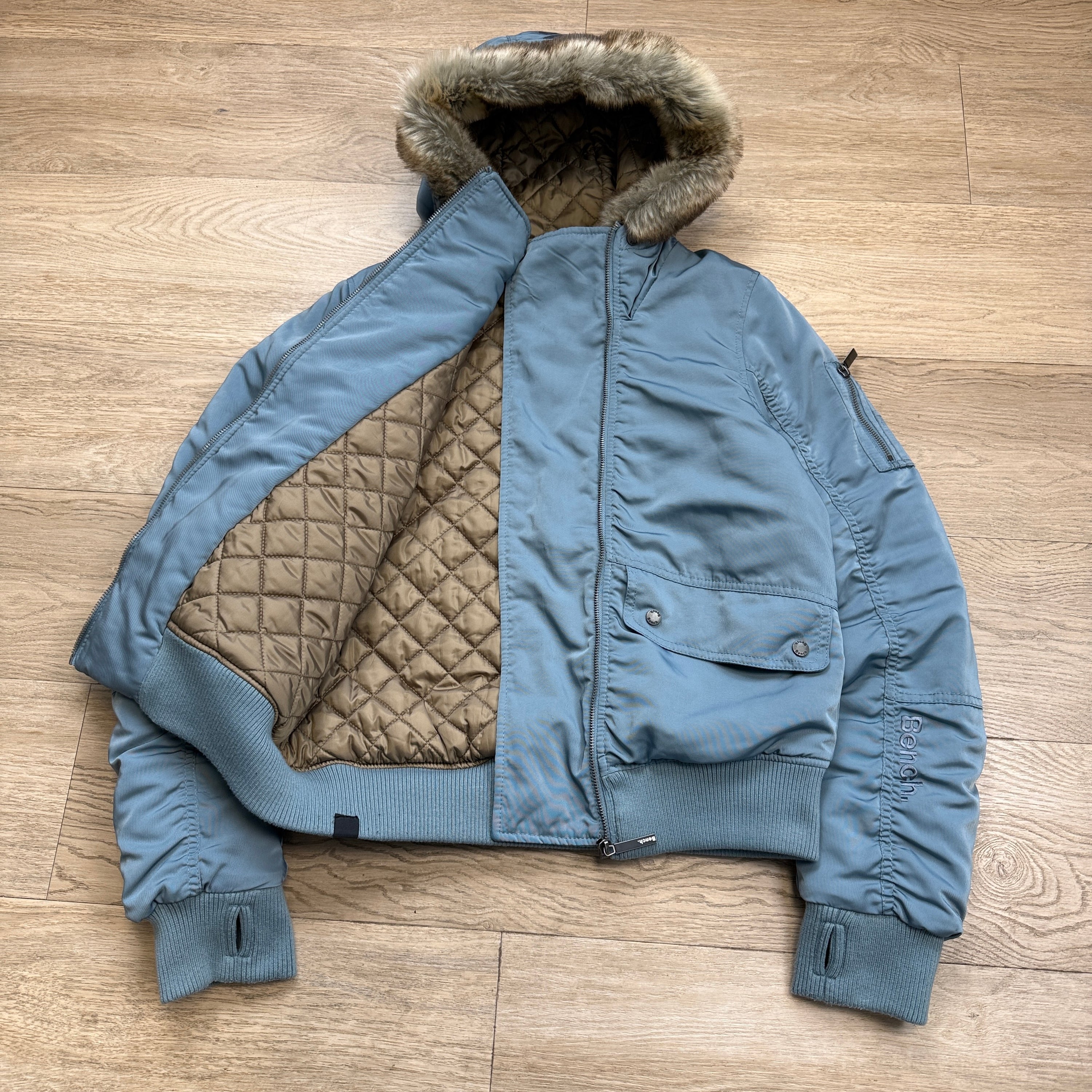Bench 2000's asymmetrical zip fur hooded bomber jacket (L) wms